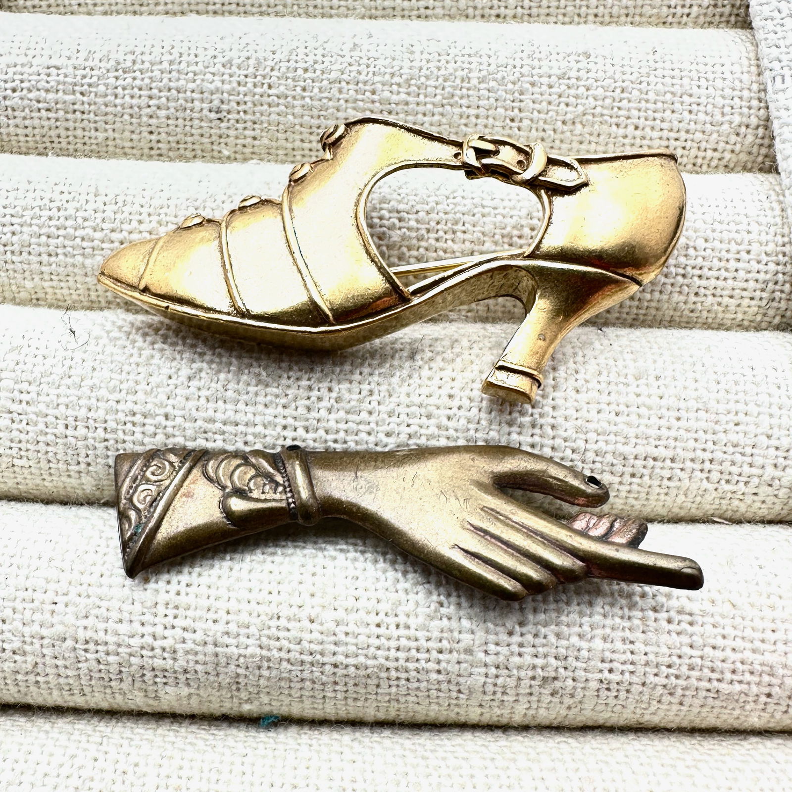 Vintage Group Lot of Two Gold Tone Brooches Pins Ladies Hand and Antique Shoe: Vintage Group Lot of Two Gold Tone Brooches Pins Ladies Hand and Antique Shoe