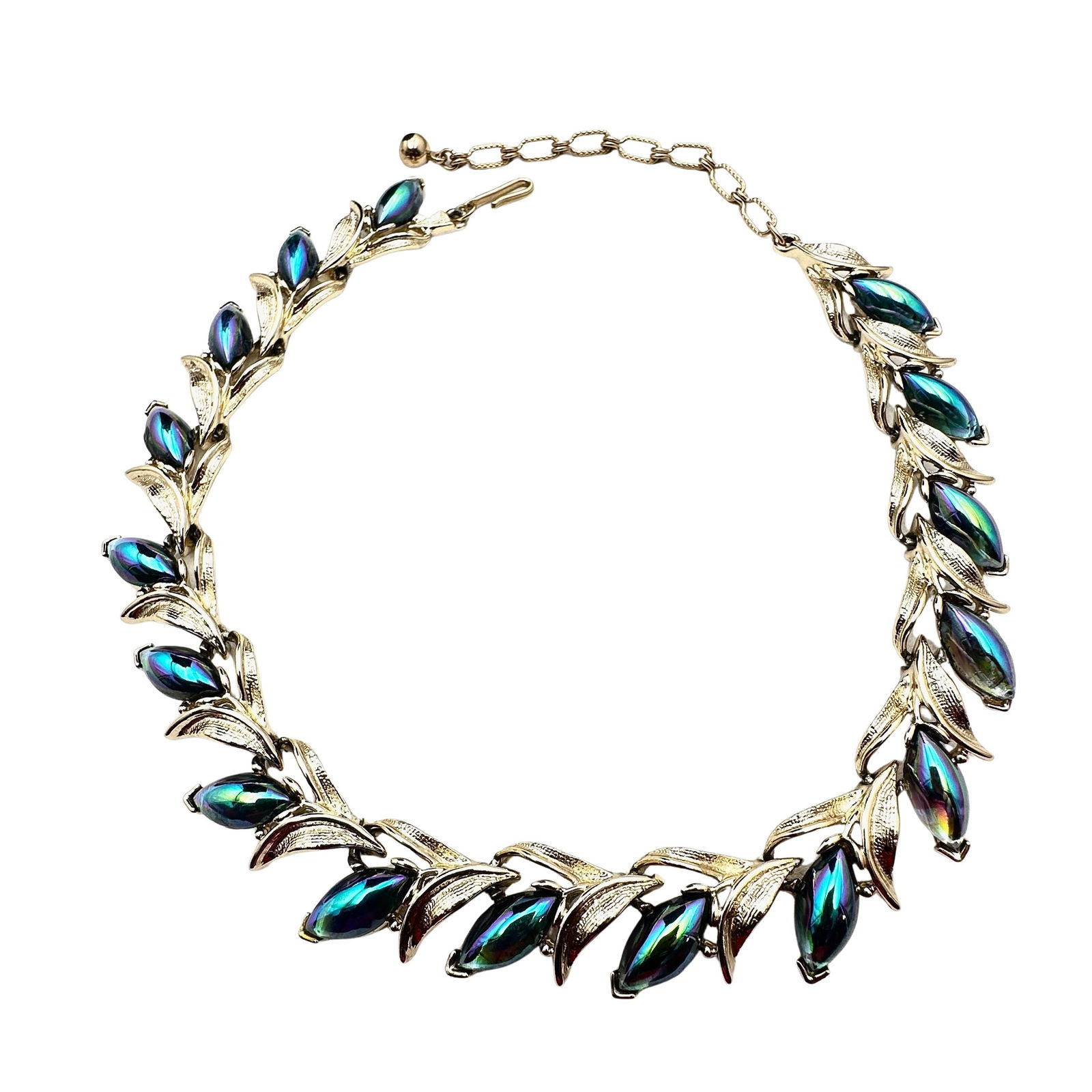 Vintage Kramer Peacock Glass Gold Tone Necklace 16 Inch: Vintage Kramer Peacock Glass Gold Tone Necklace 16 Inch