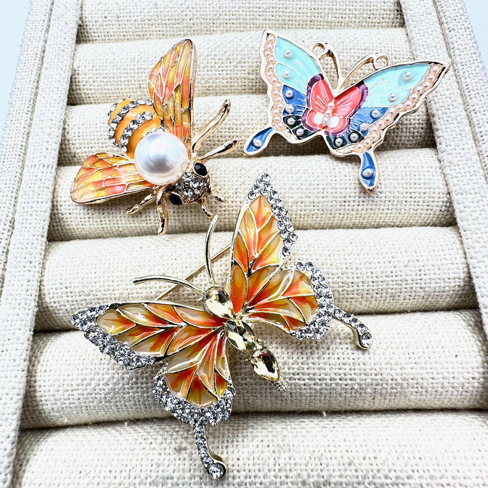 Group Lot of Three Butterfly and Bee Brooches Pins Orange Yellow Multicolor Gold Tone: Group Lot of Three Butterfly and Bee Brooches Pins Orange Yellow Multicolor Gold Tone