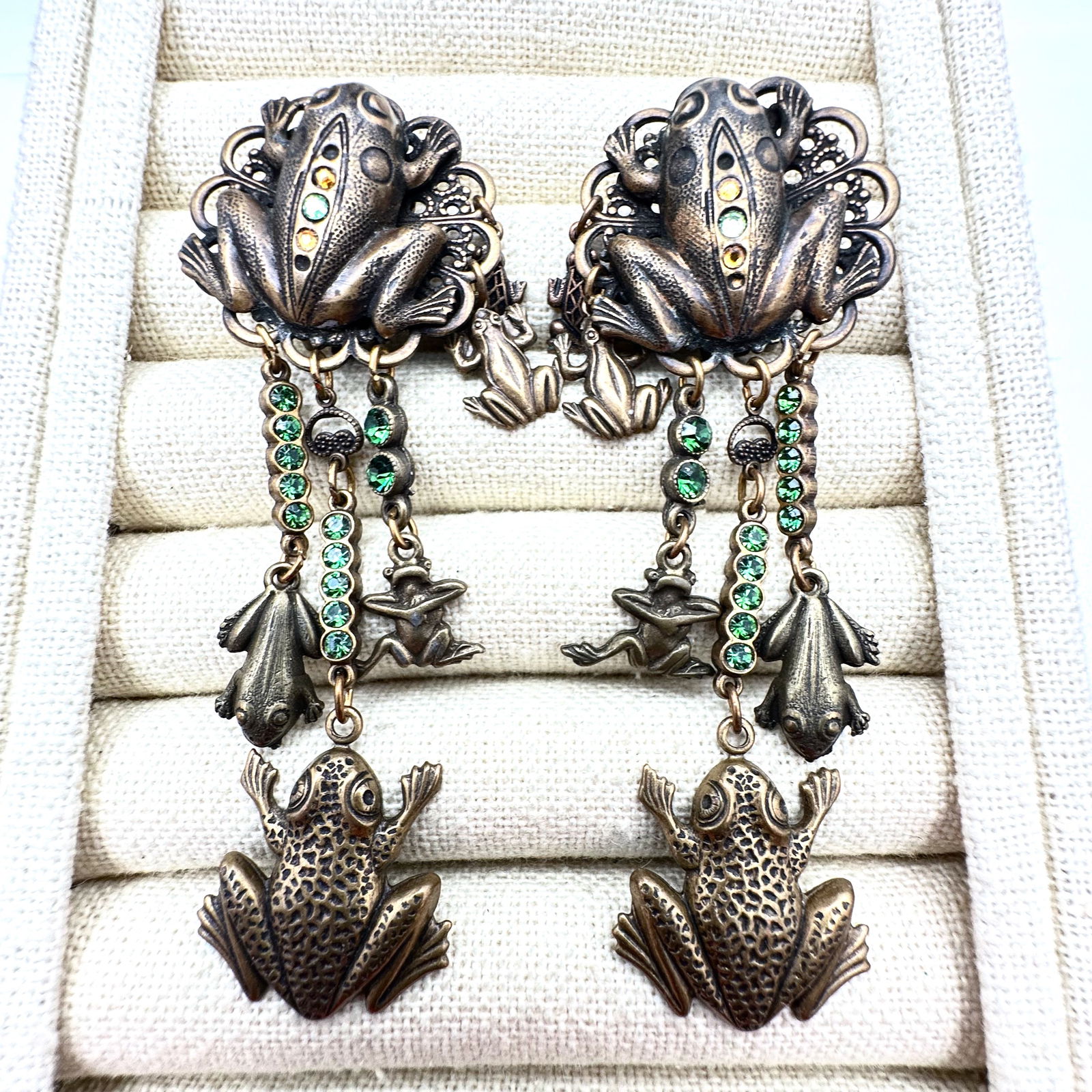 Antiqued Gold Tone Frog Design Clip Chandelier Earrings 3 Inch (1 of 2)