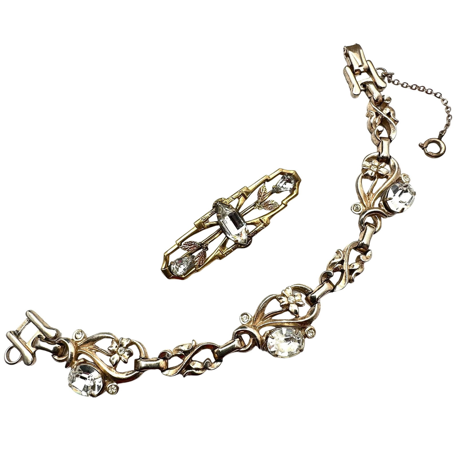 Vintage Barclay Clear Crystal Gold Tone 7 Inch Bracelet and Coordinating Crystal Brooch Pin: Vintage Barclay Clear Crystal Gold Tone 7 Inch Bracelet and Coordinating Crystal Brooch Pin