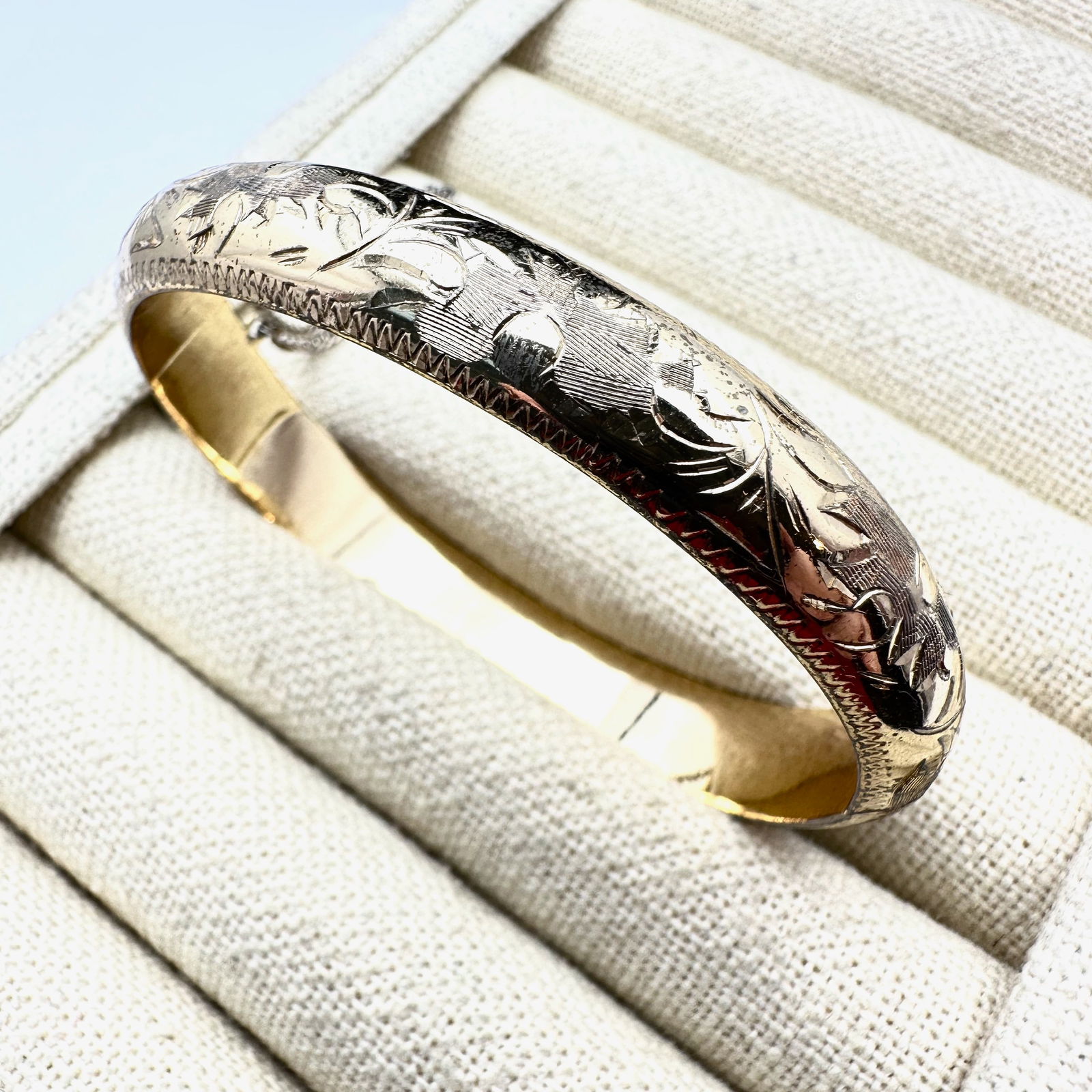 Vintage Schrager Gold Over Sterling Silver Hinged Bangle Bracelet 6.5 Inch: Vintage Schrager Gold Over Sterling Silver Hinged Bangle Bracelet 6.5 Inch