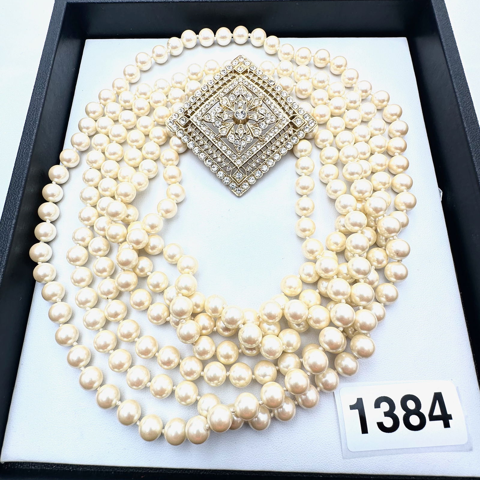 Vintage Multi Strand Faux Glass Pearl Large Rhinestone Station or Pendant Necklace: Vintage Multi Strand Faux Glass Pearl Large Rhinestone Station or Pendant Necklace