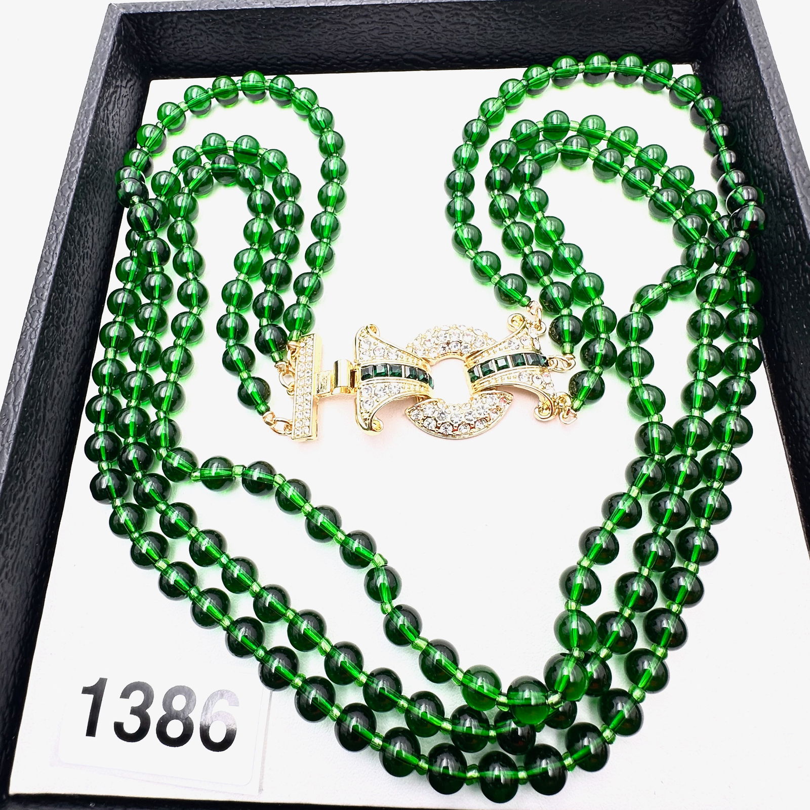Green Glass Bead Multi Strand Necklace with Rhinestone Clasp or Station Heavy Quality Made: Green Glass Bead Multi Strand Necklace with Rhinestone Clasp or Station Heavy Quality Made
