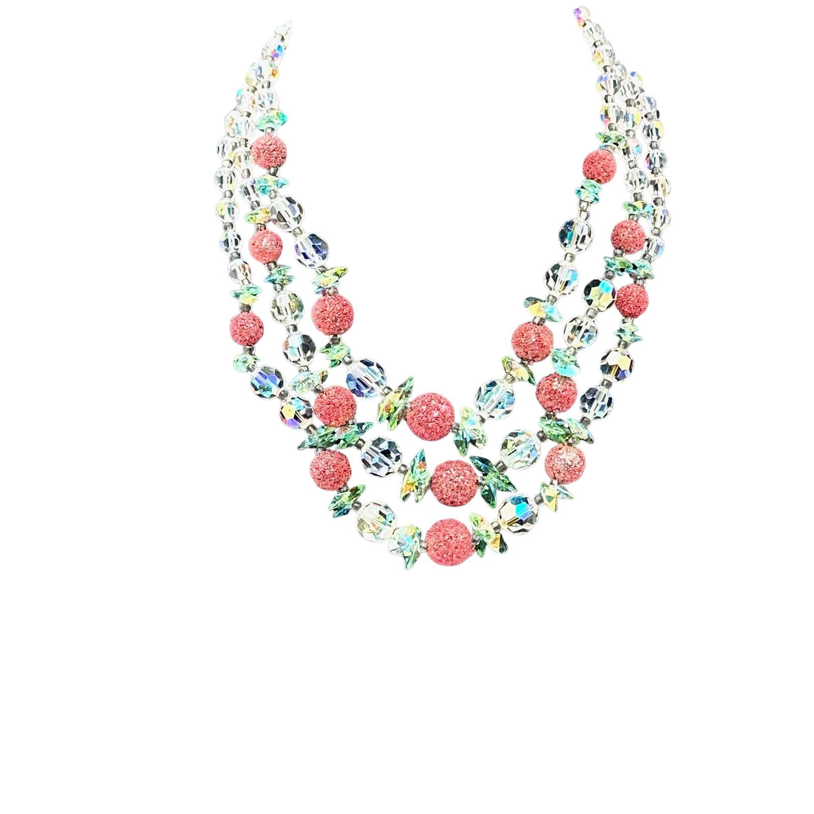 Vintage Unsigned Vendome Multistrand Aurora Borealis and Pink Sugar Bead Necklace (1 of 2)