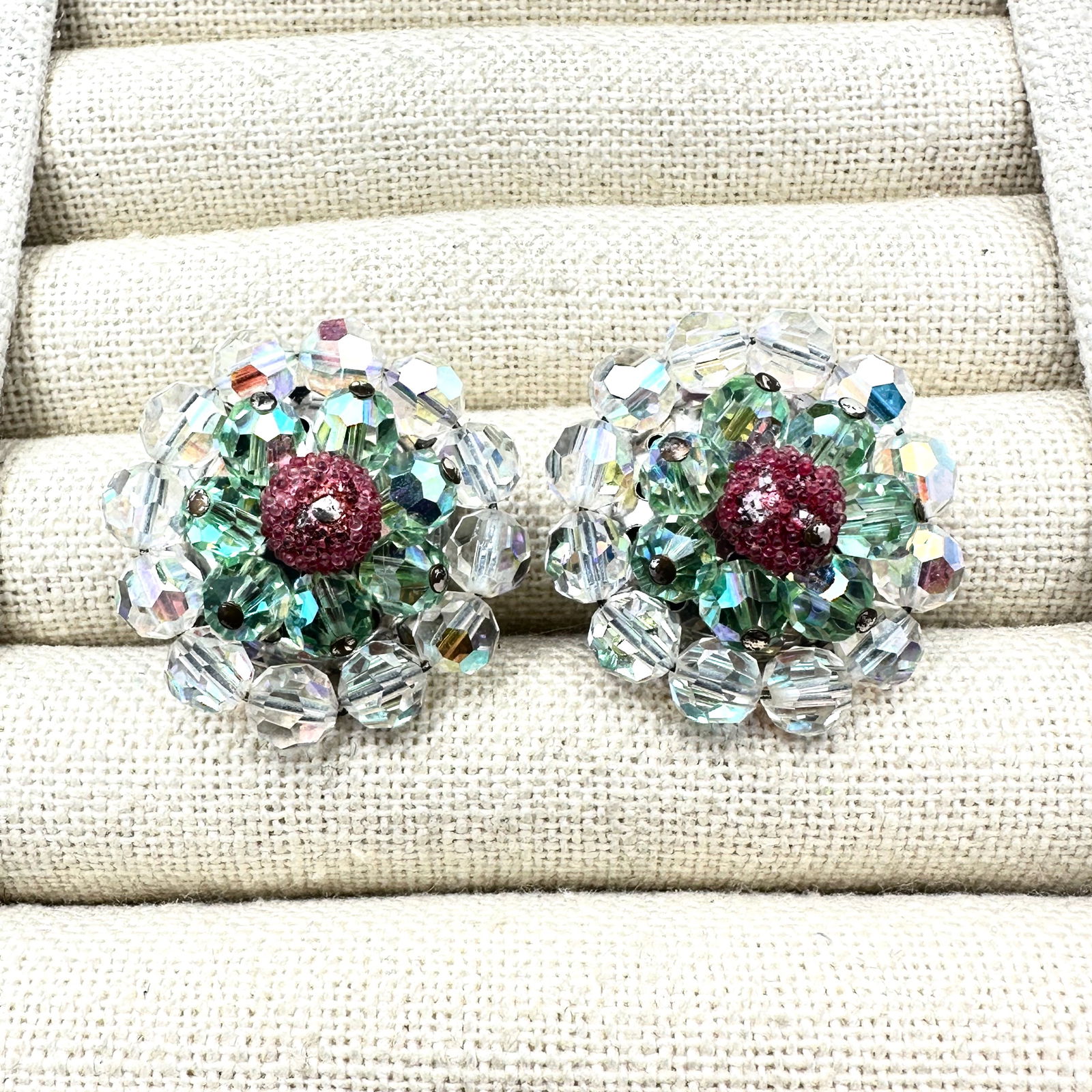 Vintage Unsigned Vendome Aurora Borealis and Pink Sugar Bead Clip Earrings: Vintage Unsigned Vendome Aurora Borealis and Pink Sugar Bead Clip Earrings