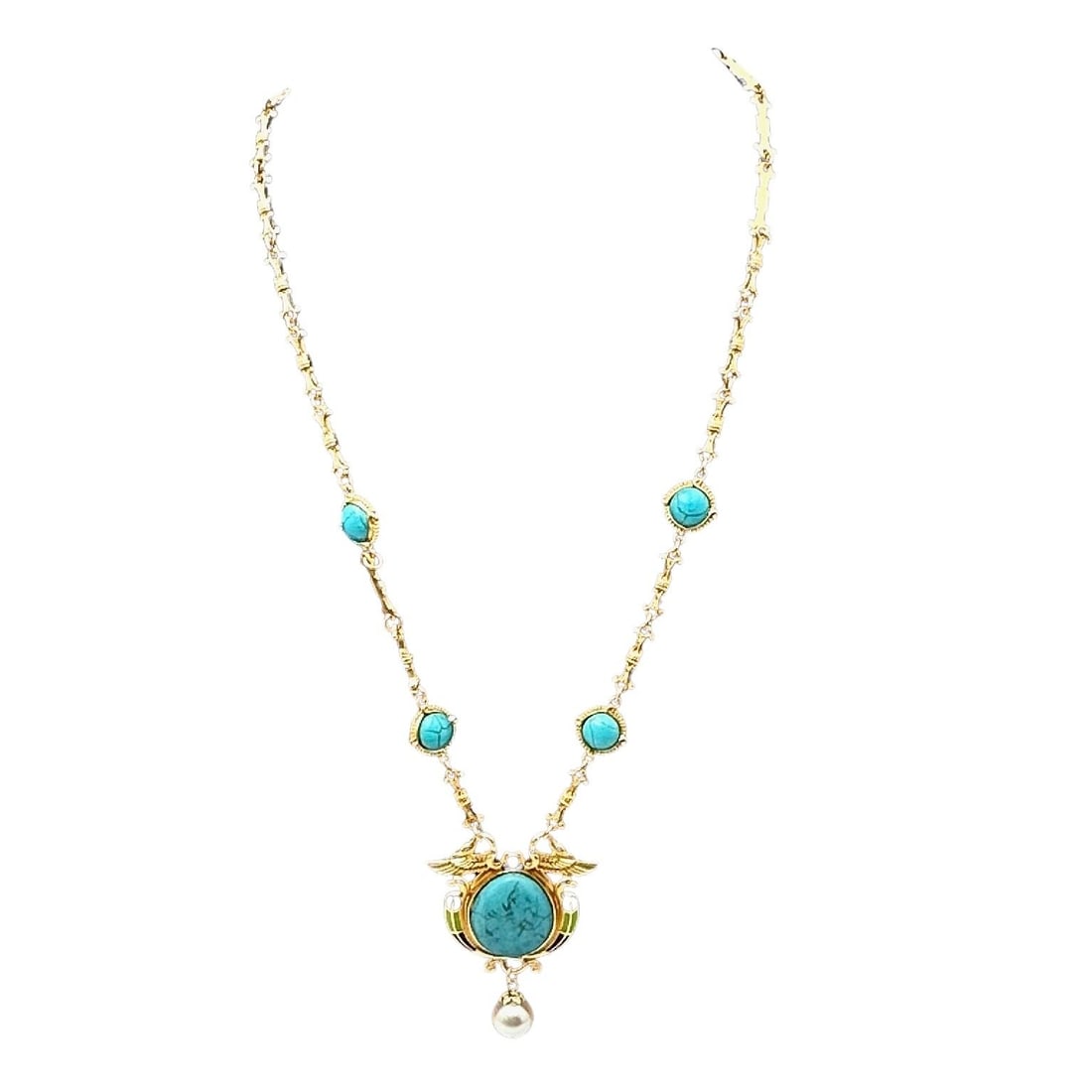 Egyptian Revival Faux Turquoise Enamel Matte Gold Tone Necklace 24 Inch: Egyptian Revival Faux Turquoise Enamel Matte Gold Tone Necklace 24 Inch