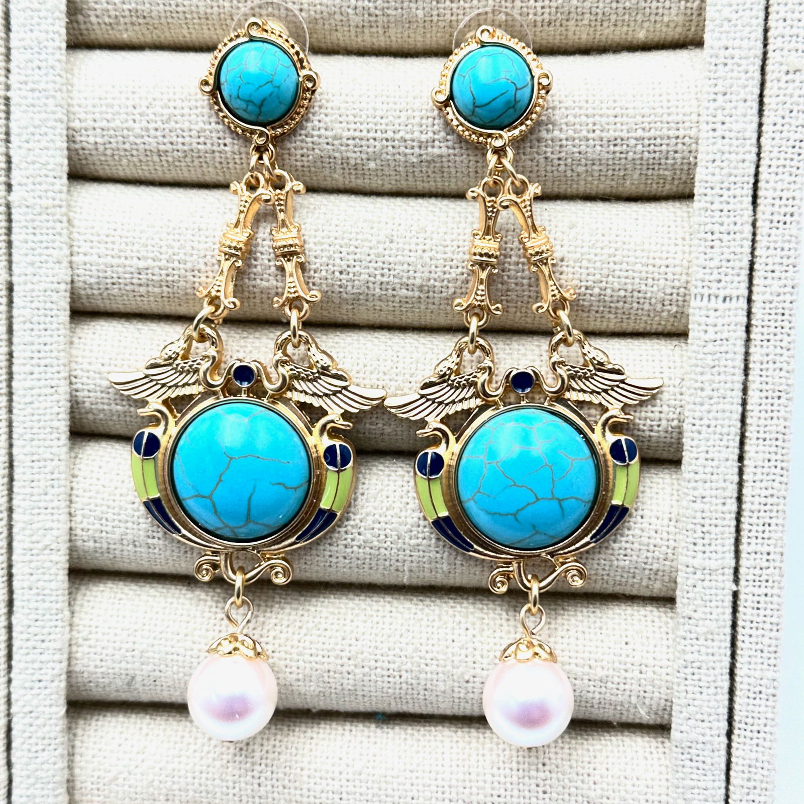 Egyptian Revival Faux Turquoise Enamel Matte Gold Tone Pierced Chandelier Earrings 3 Inch: Egyptian Revival Faux Turquoise Enamel Matte Gold Tone Pierced Chandelier Earrings 3 Inch
