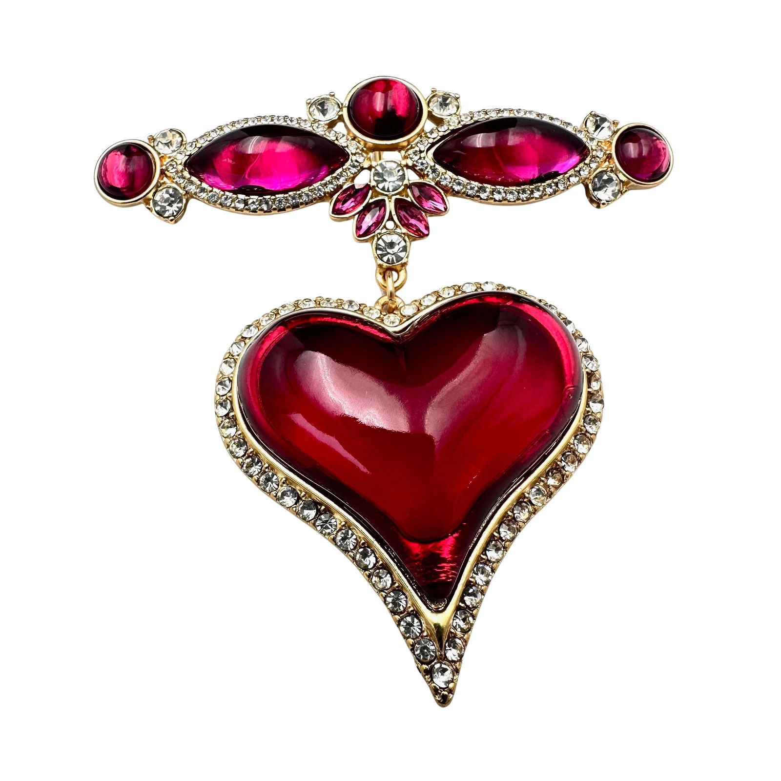 Dark Pink Gripoix Style Heart Matte Gold Tone Statement Brooch Pin 3 Inch: Dark Pink Gripoix Style Heart Matte Gold Tone Statement Brooch Pin 3 Inch