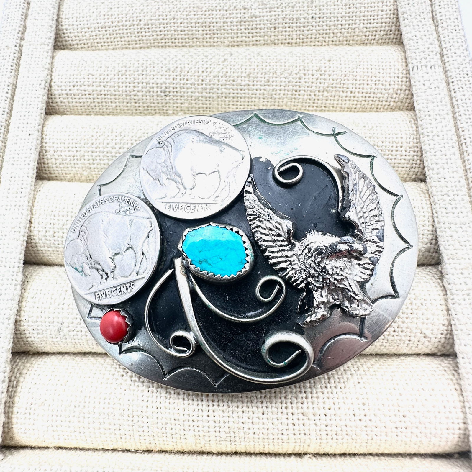 Vintage German Silver Turquoise Coral American Southwest Belt Buckle Buffalo Nickle Eagle: Vintage German Silver Turquoise Coral American Southwest Belt Buckle Buffalo Nickle Eagle