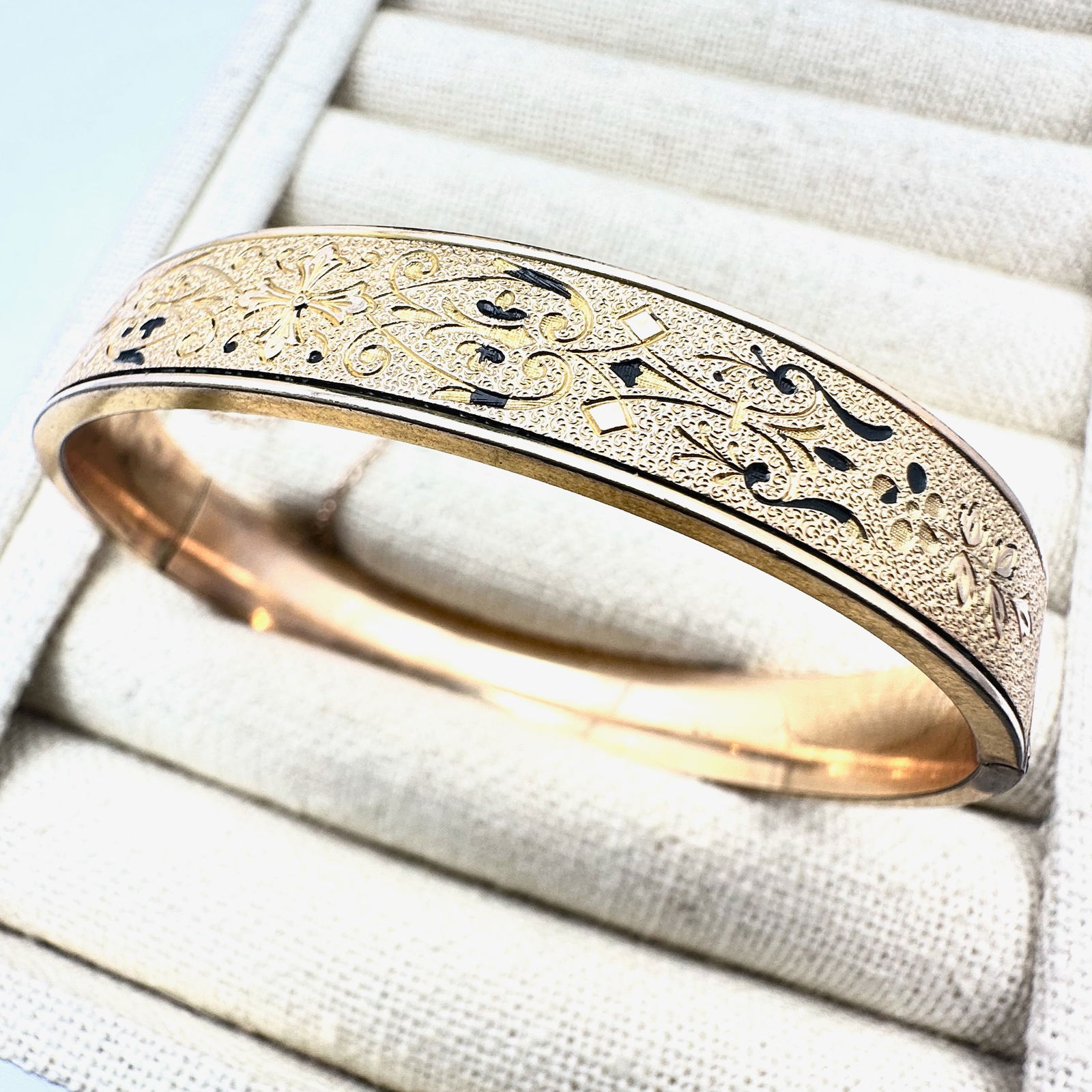 Antique Victorian Gold Filled Hinged Bangle Bracelet Black Enamel Accents Size 7 Inch (1 of 2)