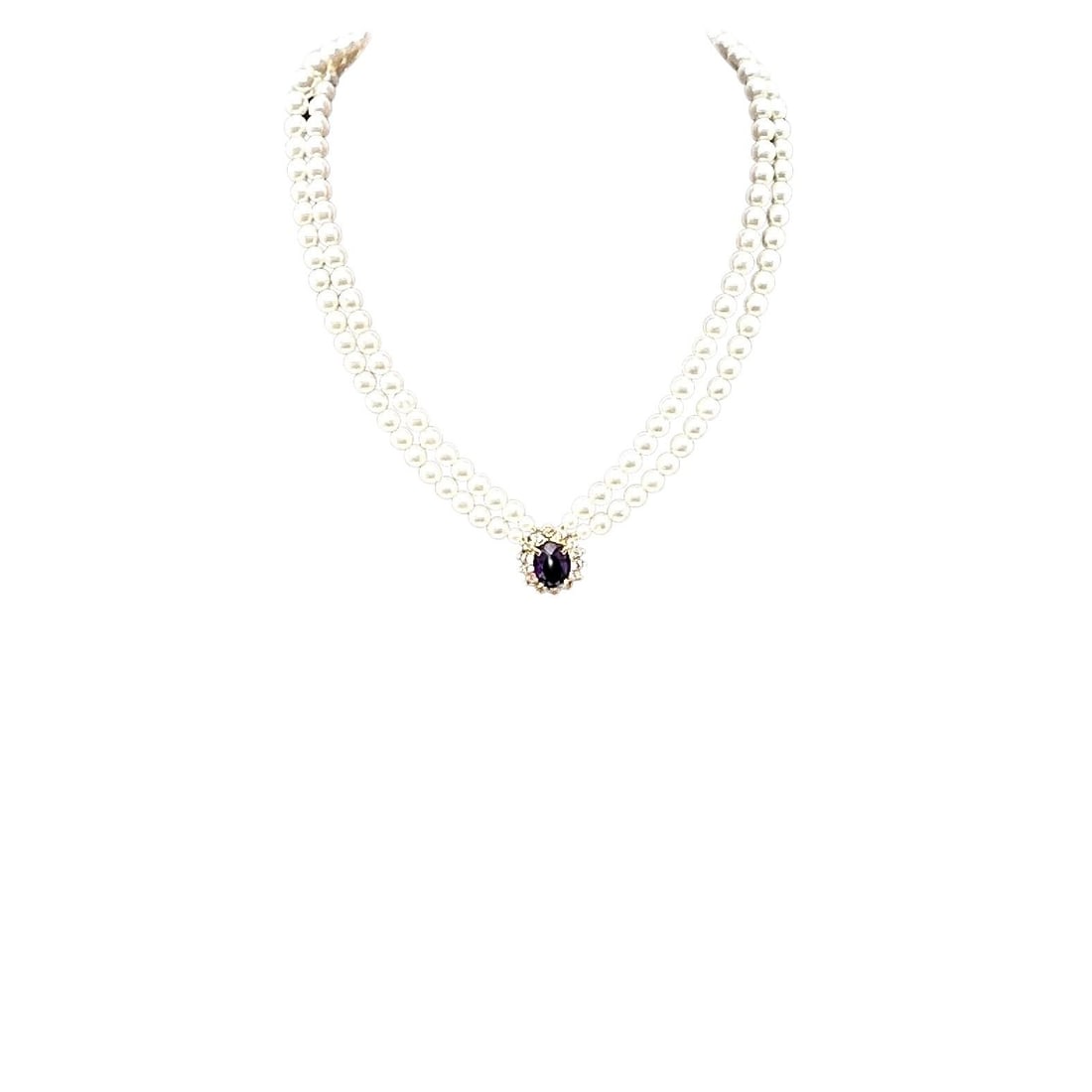 Vintage Purple And Clear Rhinestone Faux Pearl Gold Tone Necklace 17 Inch: Vintage Purple And Clear Rhinestone Faux Pearl Gold Tone Necklace 17 Inch