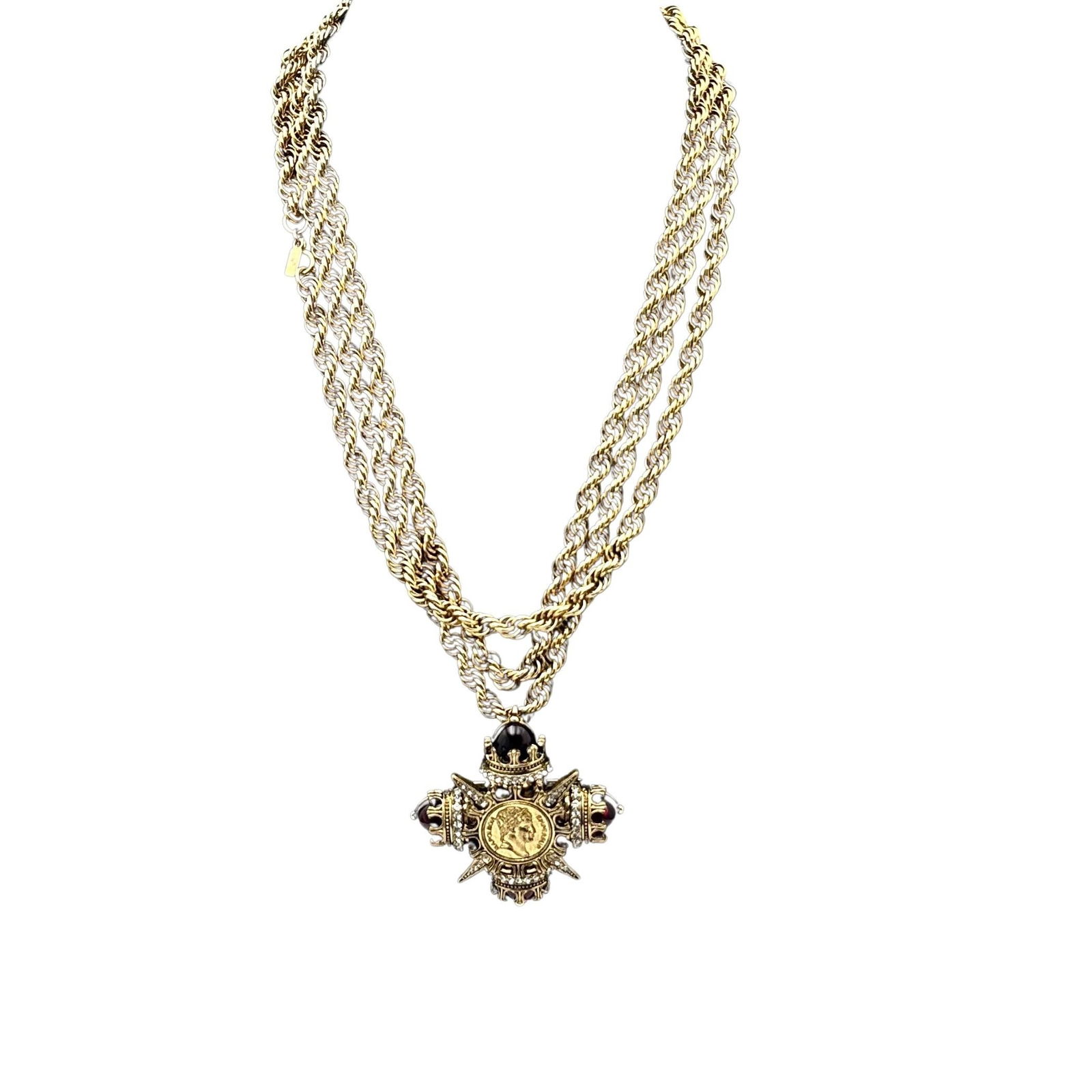 Vintage Monet Red Glass Cabochon Clear Rhinestone Maltese Cross Pin Pendant Necklace 48 Inch Heavy C: Vintage Monet Red Glass Cabochon Clear Rhinestone Maltese Cross Pin Pendant Necklace 48 Inch Heavy Chain