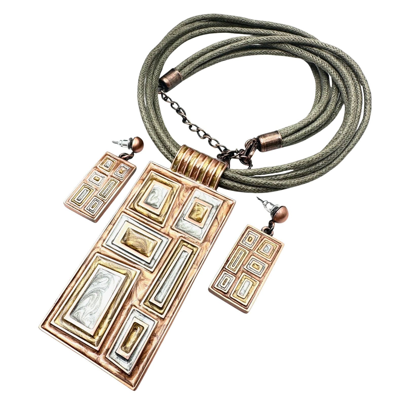 Artisan Style Copper Enamel Pendant Necklace Matching Pierced Earrings: Artisan Style Copper Enamel Pendant Necklace Matching Pierced Earrings