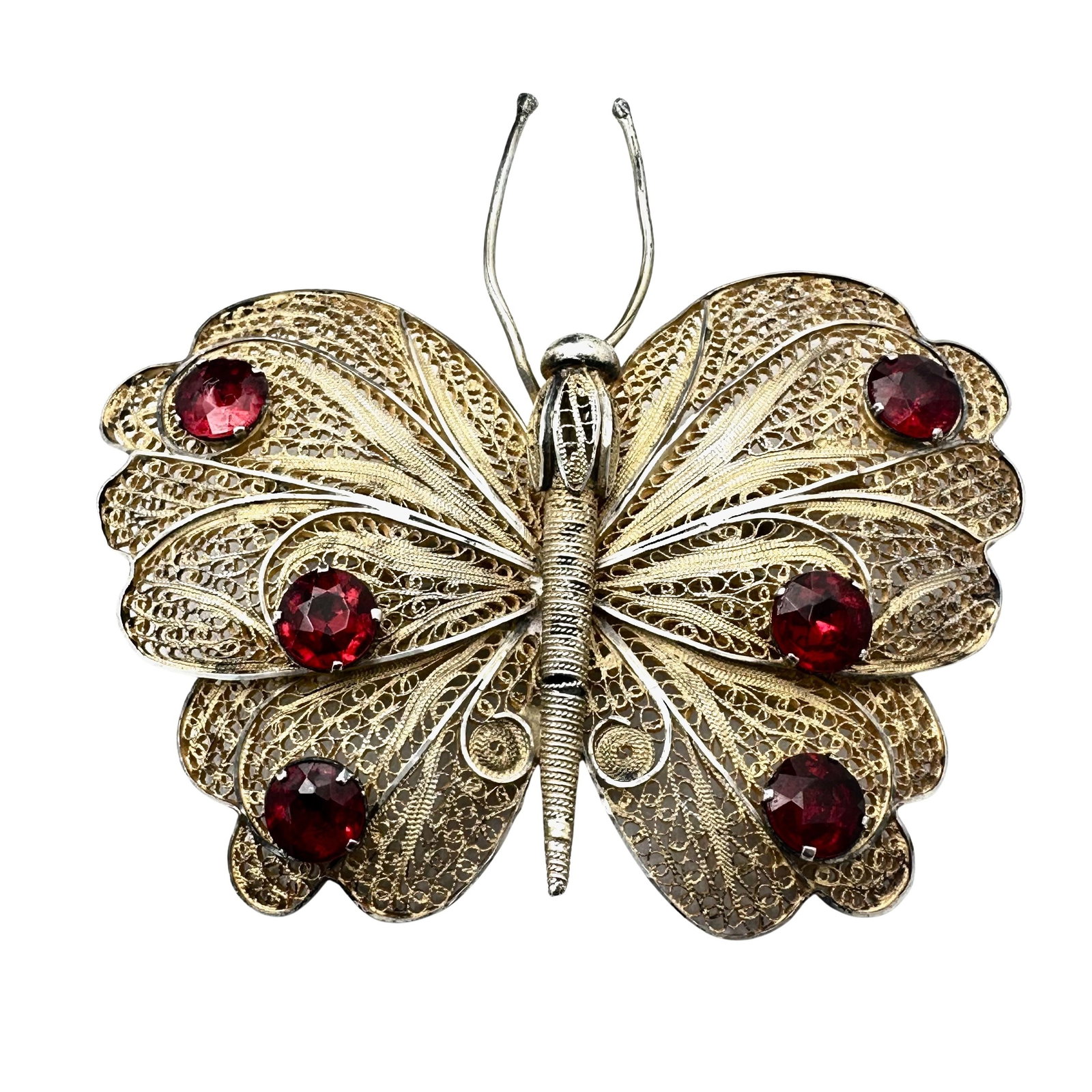 Vintage Large Sterling Silver Filigree Butterfly 3 Inch 28 Grams Red Stones: Vintage Large Sterling Silver Filigree Butterfly 3 Inch 28 Grams Red Stones