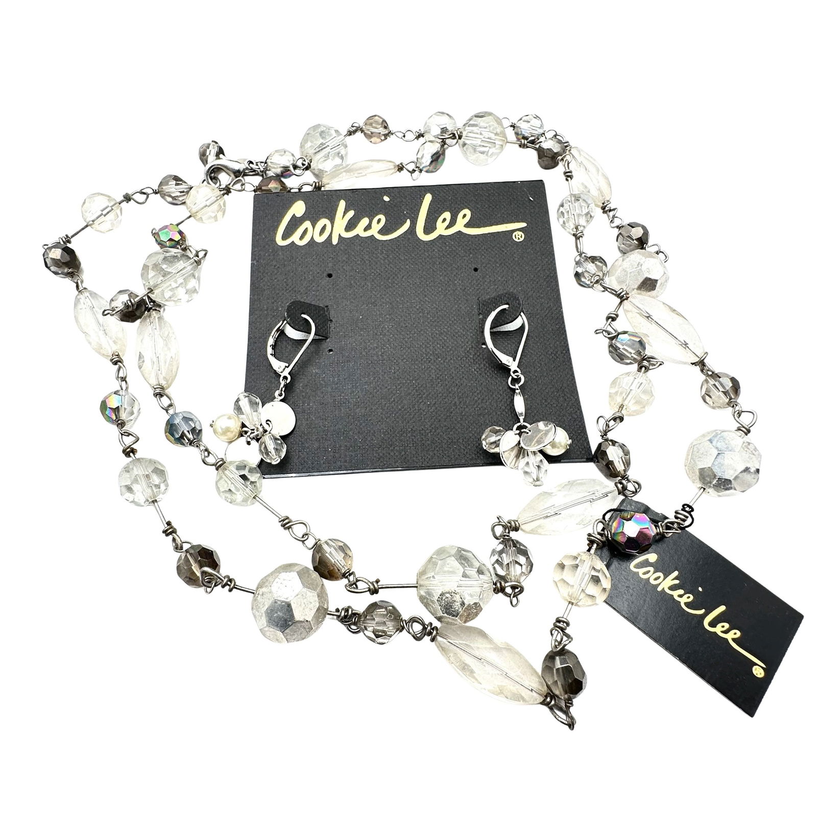 Vintage Cookie Lee 36 Inch Crystal Necklace and Pierced Earrings on Original Tag: Vintage Cookie Lee 36 Inch Crystal Necklace and Pierced Earrings on Original Tag