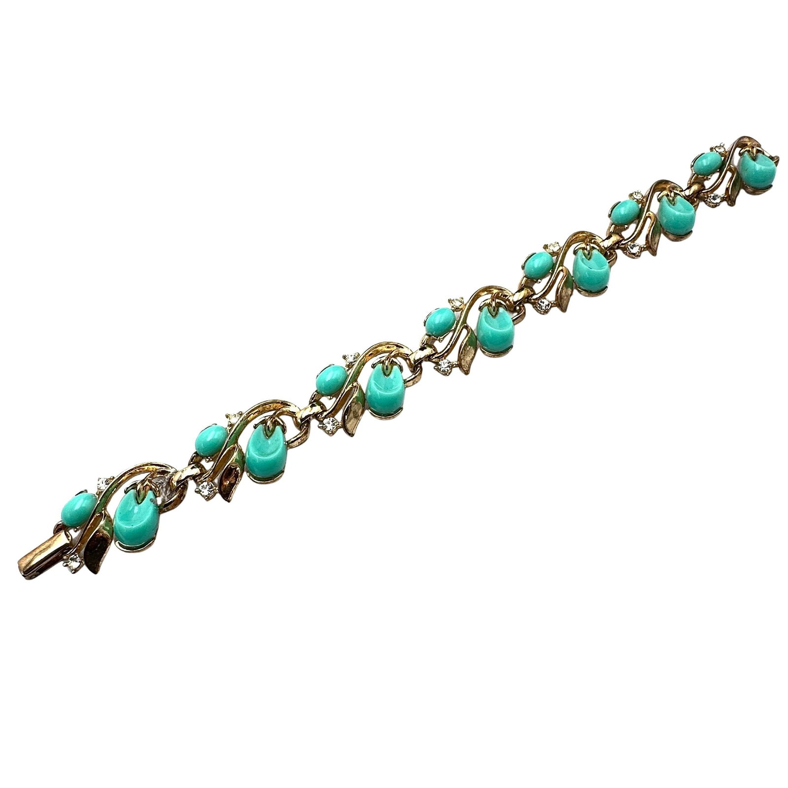 Vintage Trifari Turquoise Blue Lucite Clear Rhinestone Gold Tone Bracelet 7 Inch: Vintage Trifari Turquoise Blue Lucite Clear Rhinestone Gold Tone Bracelet 7 Inch