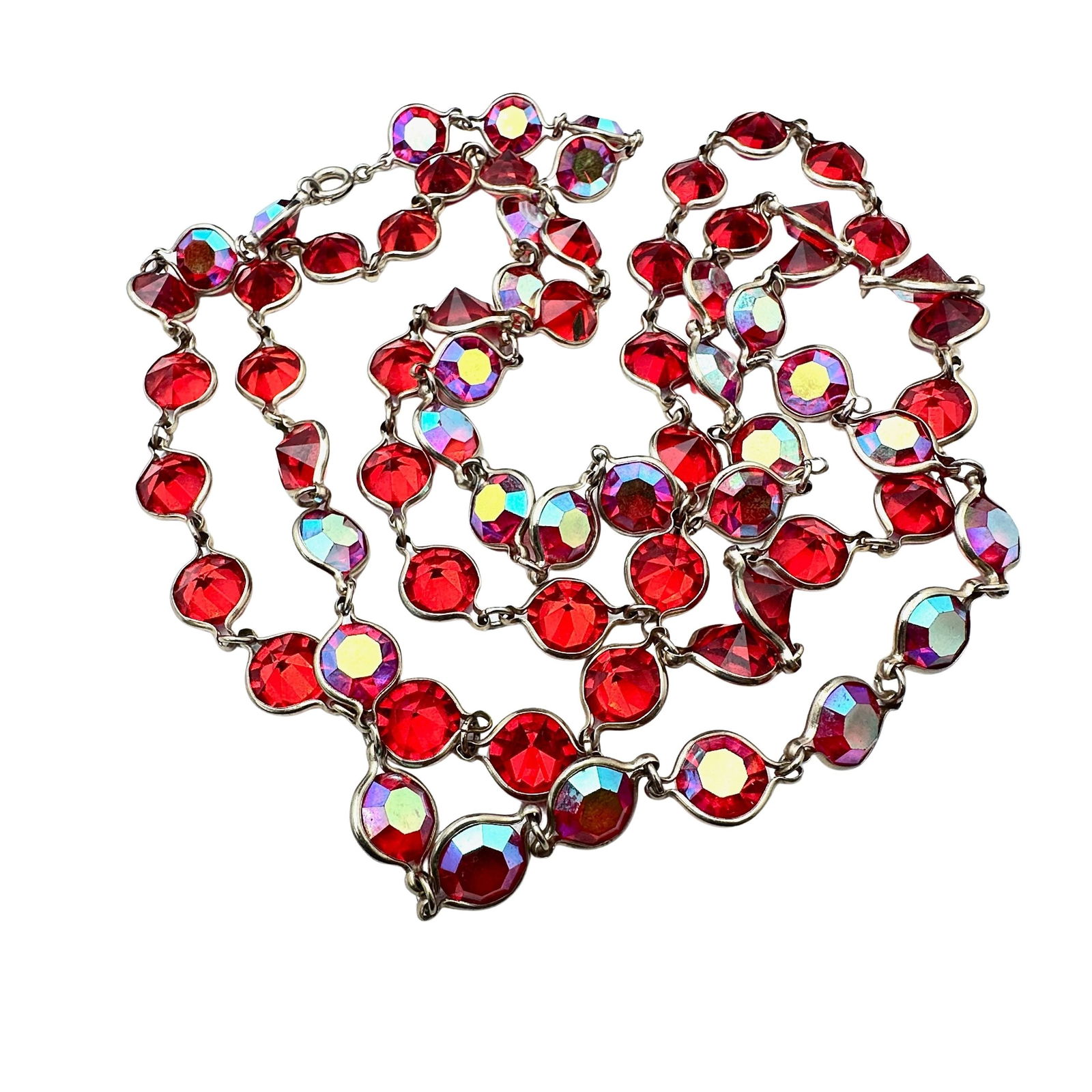 Vintage Red Crystal Bezel Set Gold Tone Necklace 48 Inch Length: Vintage Red Crystal Bezel Set Gold Tone Necklace 48 Inch Length