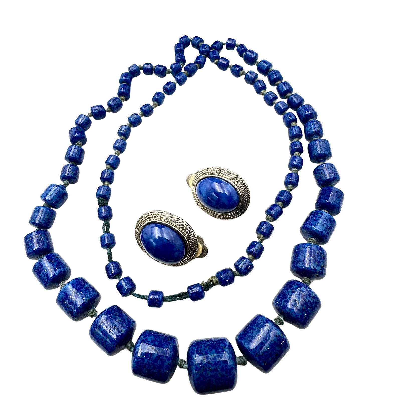 Vintage Hand Knotted Blue Lapis Lazuli Gemstone Bead 28 Inch Necklace And Clip Earrings (1 of 2)