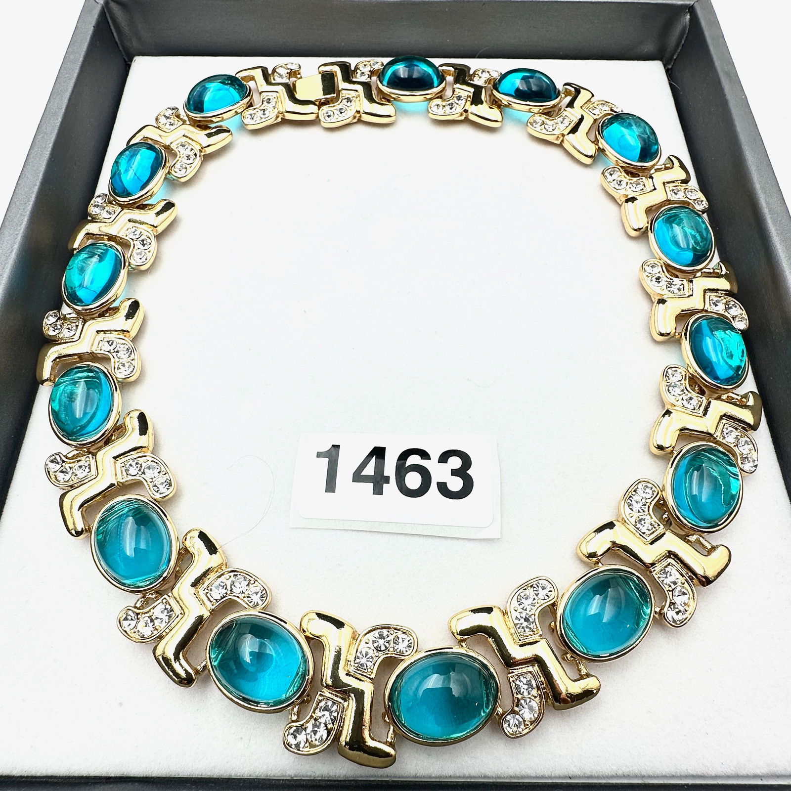 Aqua Blue Glass Cabochon Clear Rhinestone Gold Tone Necklace Heavy Quality Made: Aqua Blue Glass Cabochon Clear Rhinestone Gold Tone Necklace Heavy Quality Made