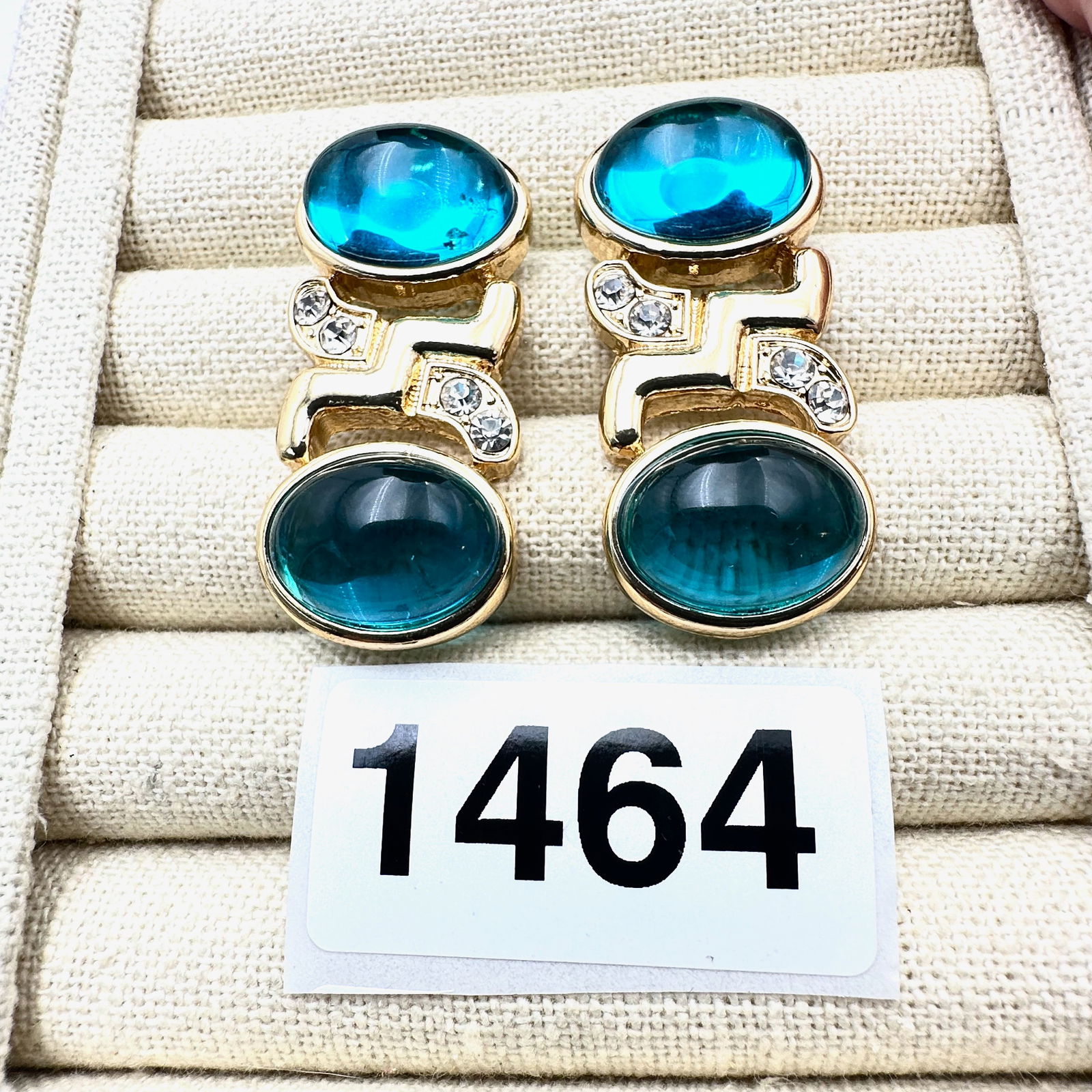 Aqua Blue Glass Cabochon Clear Rhinestone Gold Tone Pierced Earrings Heavy Quality Made: Aqua Blue Glass Cabochon Clear Rhinestone Gold Tone Pierced Earrings Heavy Quality Made