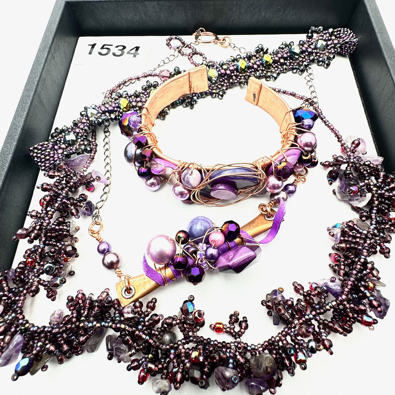 Lot of Artisan Jewelry Beaded Necklace and Bracelets Purple Copper: Lot of Artisan Jewelry Beaded Necklace and Bracelets Purple Copper