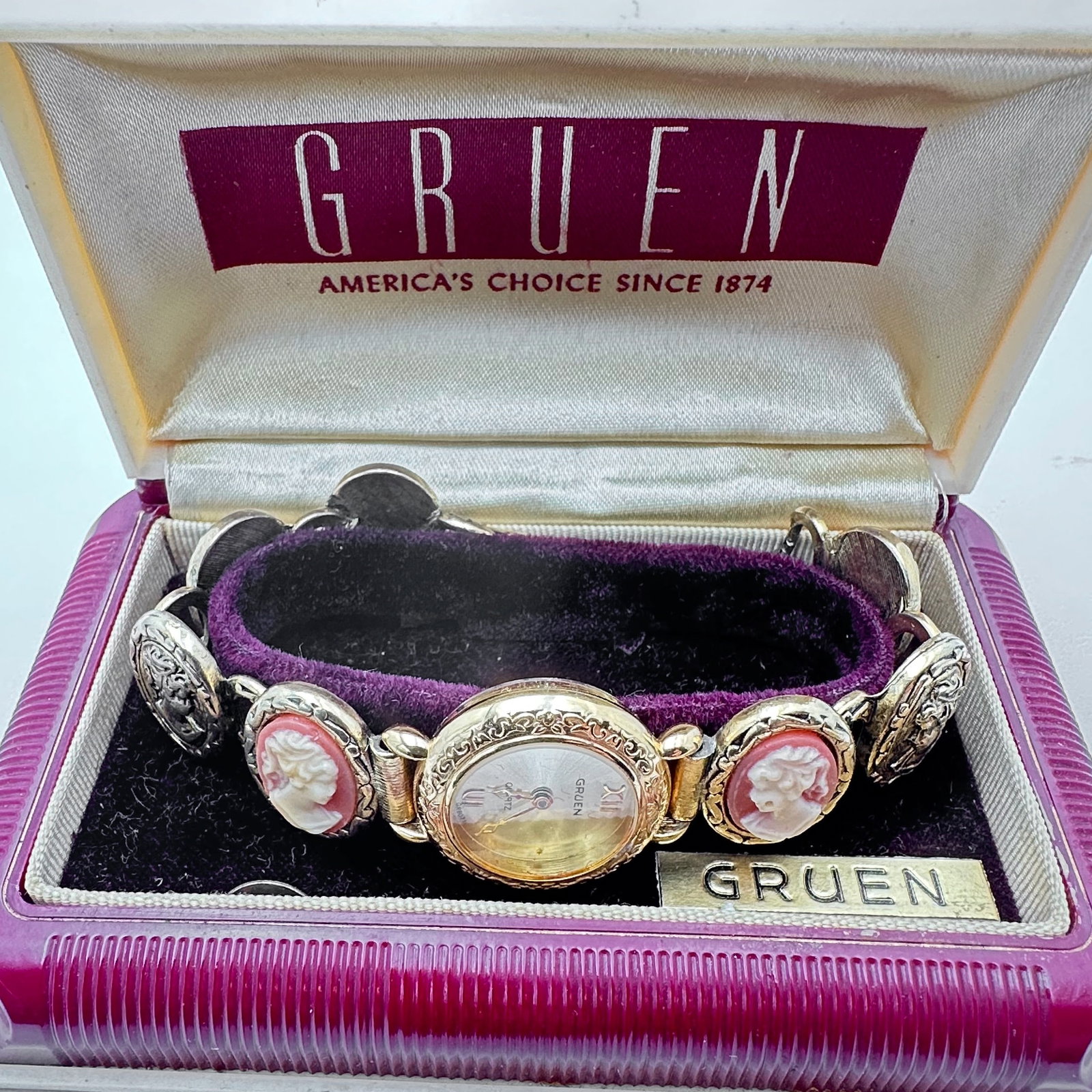 Vintage Gruen Gold Tone Cameo Watch 6 Inch Length Includes Original Celluloid Box Will Need New (1 of 2)