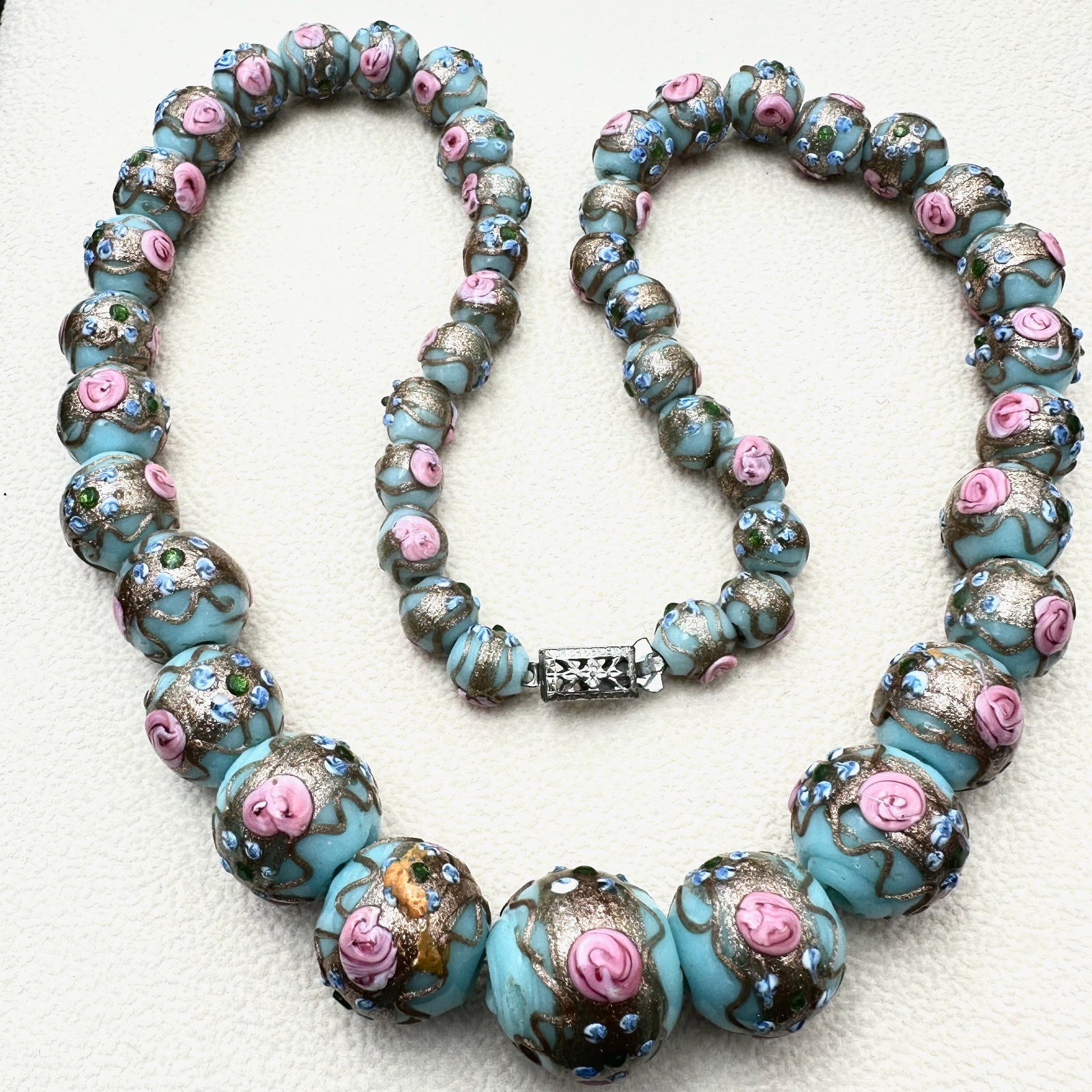 Antique Venetian Blue Pink Pastel Wedding Cake Glass Bead Necklace 18 Inch: Antique Venetian Blue Pink Pastel Wedding Cake Glass Bead Necklace 18 Inch