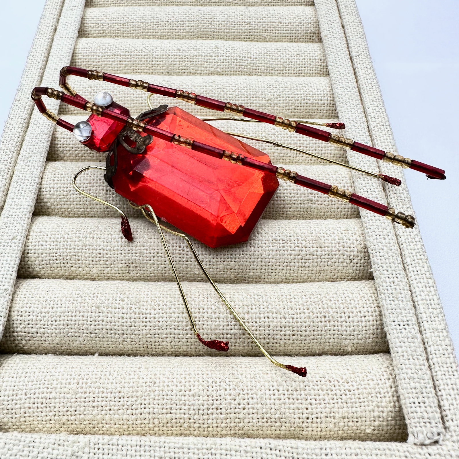 Vintage Large Red Czech Glass Bug Beetle Brooch Pin 3.5 Inch Length (1 of 2)
