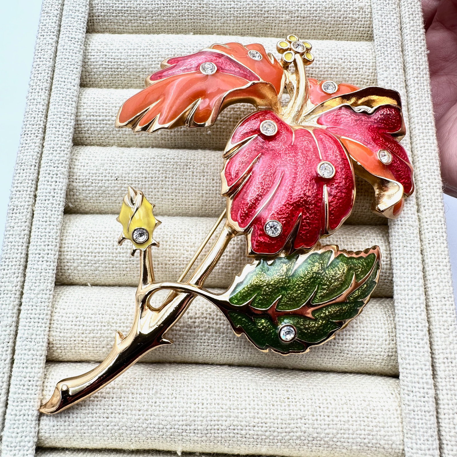 Jose Barrera for Avon Large 5 Inch Enamel Crystal Flower Gold Tone Brooch Pin: Jose Barrera for Avon Large 5 Inch Enamel Crystal Flower Gold Tone Brooch Pin