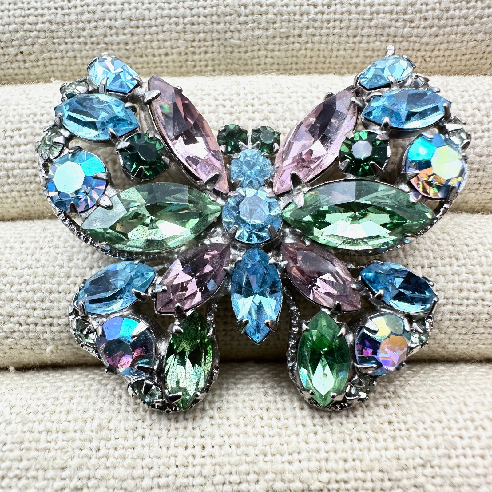 Vintage Regency Pastel Pink Blue Green Glass Rhinestone Silver Tone Butterfly Brooch Pin (1 of 2)