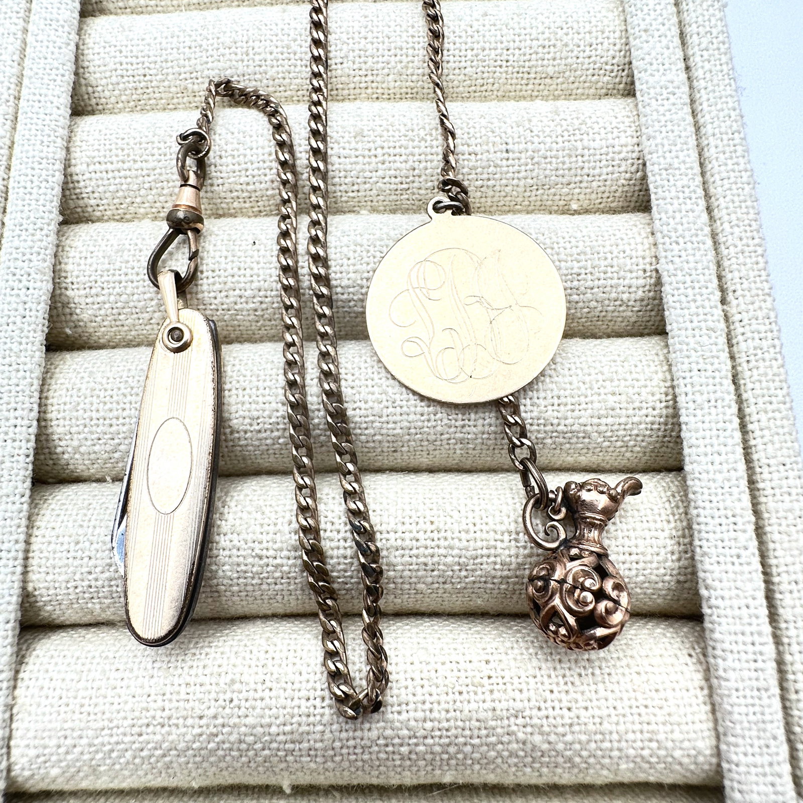 Antique Vintage Victorian Gold Filled Pocket Watch Chain with Two Fobs and Pocket Knife (1 of 2)