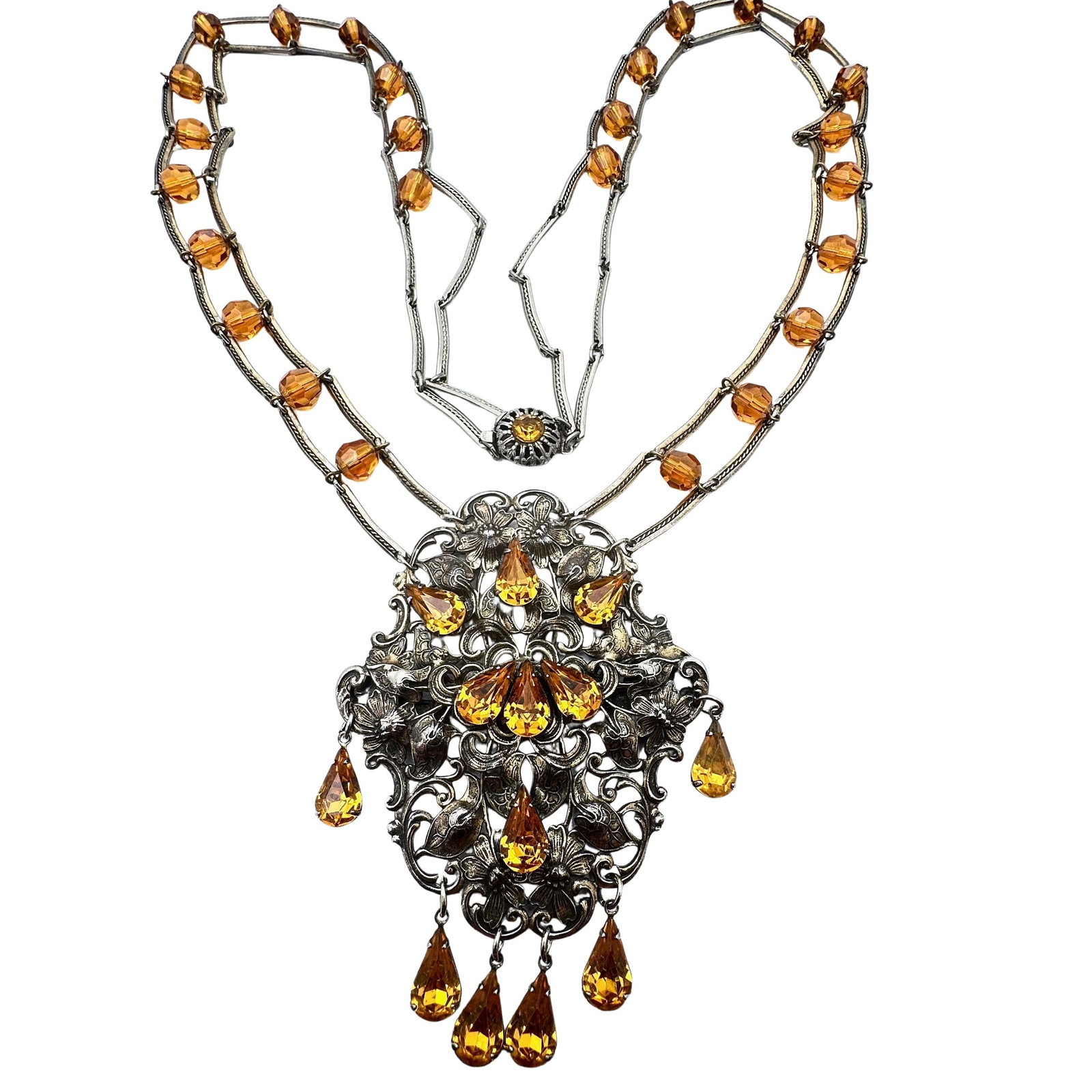 Antique Art Deco Amber Glass Rhinestone Antiqued Gold Tone Large Pendant 4 Inch Necklace 28 Inch (1 of 2)