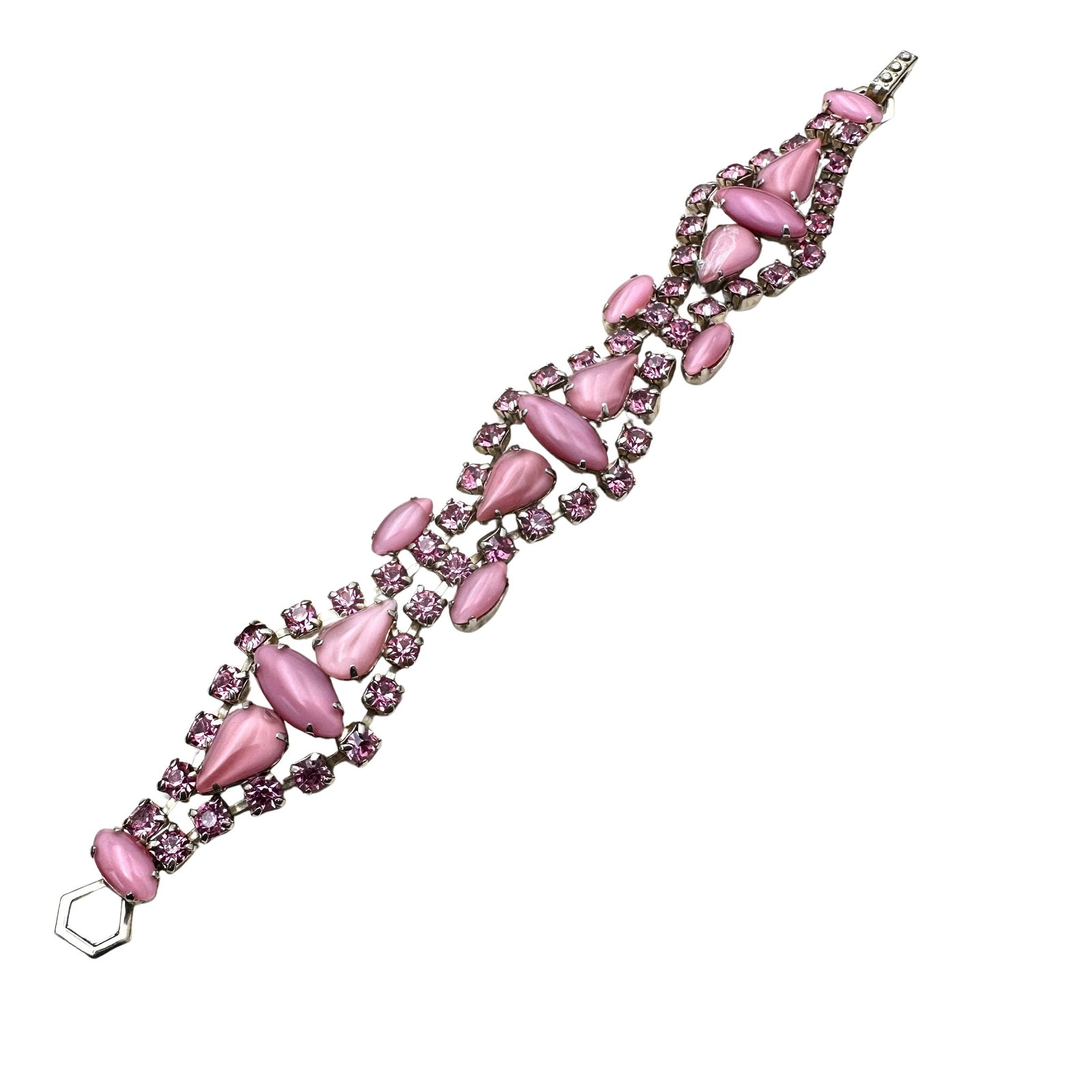 Vintage Pink Cats Eye Glass Rhinestone Gold Tone Bracelet 7 Inch (1 of 2)