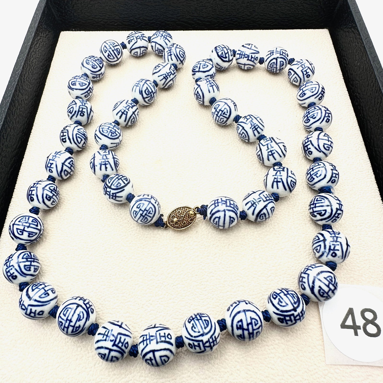 Vintage Chinese Export Large Blue White Porcelain Bead Hand Knotted Necklace 28 Inch (1 of 2)