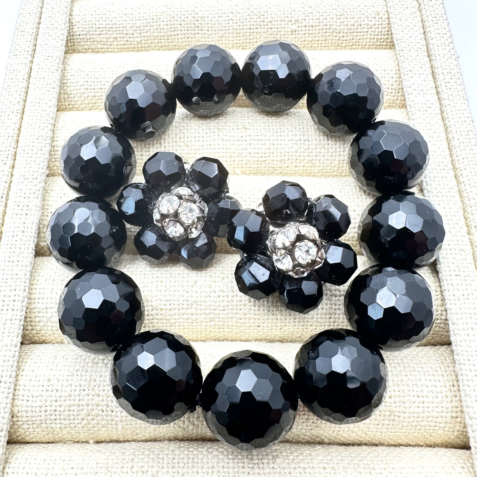 Vintage Hattie Carnegie Black Faceted Glass Bead Bracelet and Clip Earrings (1 of 2)