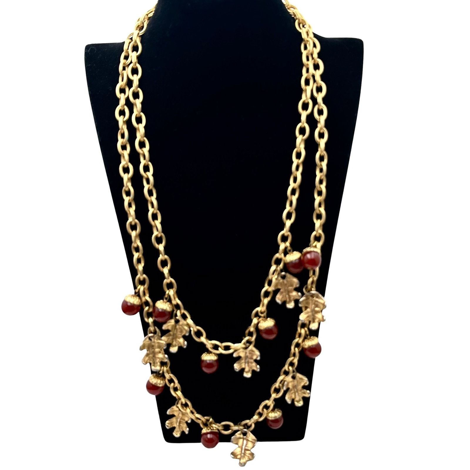 Vintage Dauplaise Gold Tone Statement Necklace Dark Red Glass Acorn Charms and Leaves 22 Inch Length (1 of 2)