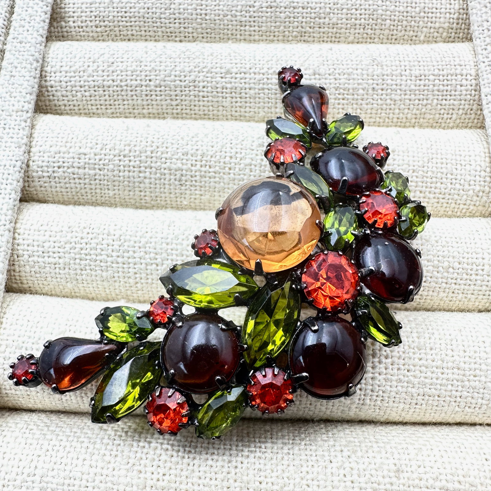 Vintage Unsigned Schreiner Brooch Pin Olive Green Amber Orange Glass Rhinestones 3 Inch (1 of 2)