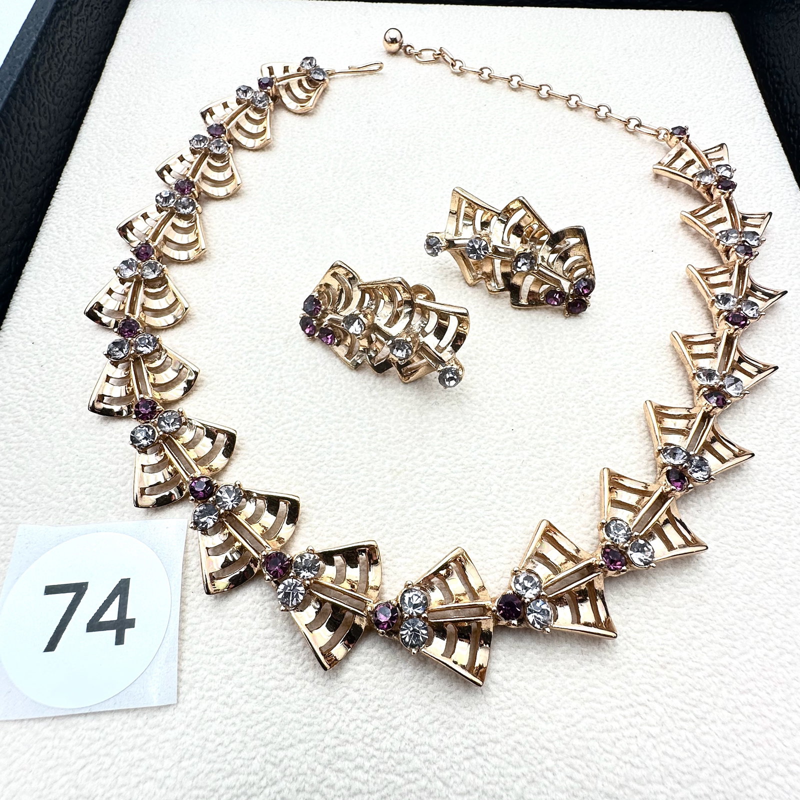 Vintage Purple Glass Rhinestone Rose Gold Tone Necklace and Earrings Set: Vintage Purple Glass Rhinestone Rose Gold Tone Necklace and Earrings Set