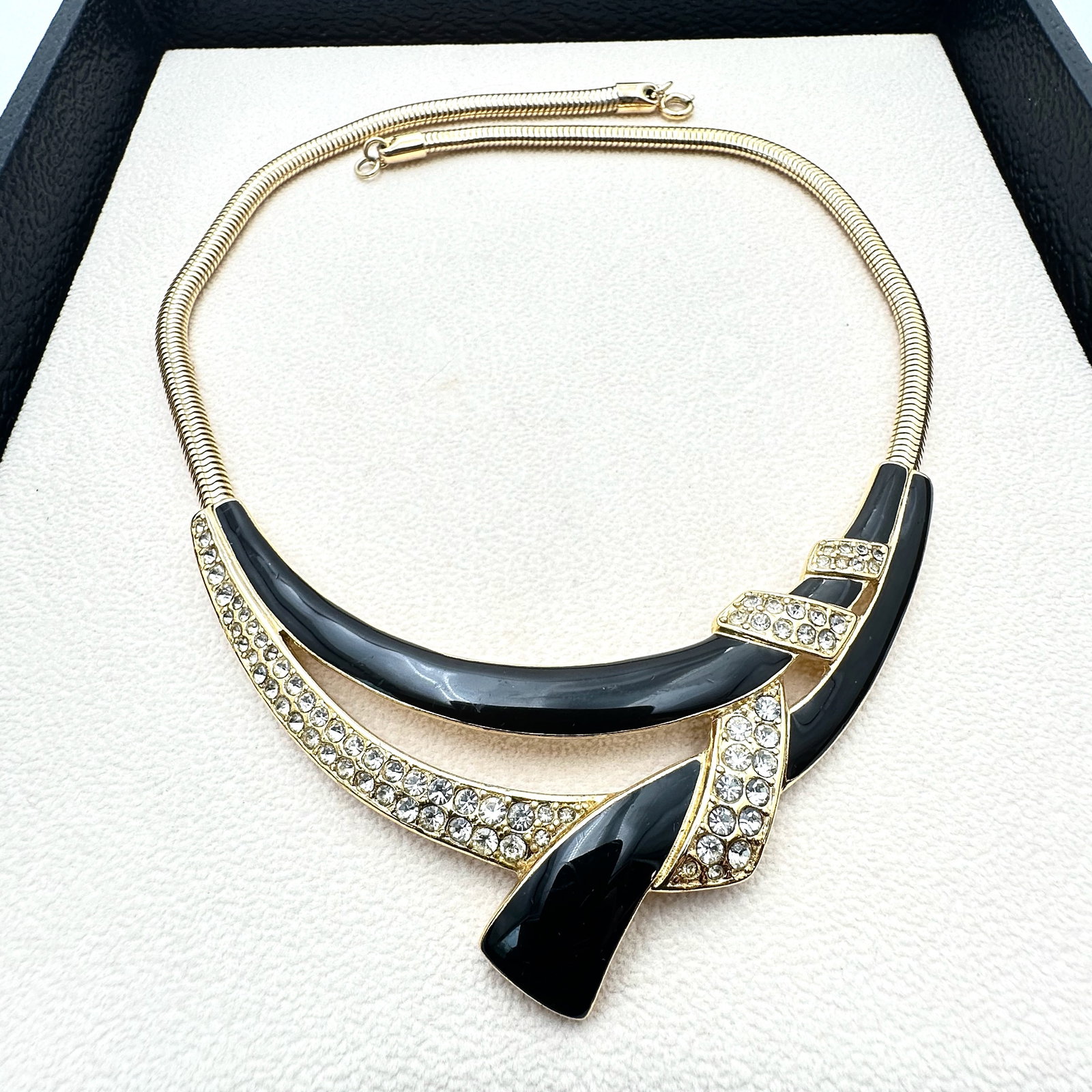 Vintage Trifari Black Enamel and Clear Rhinestone Gold Tone Statement Necklace 16 Inch (1 of 2)