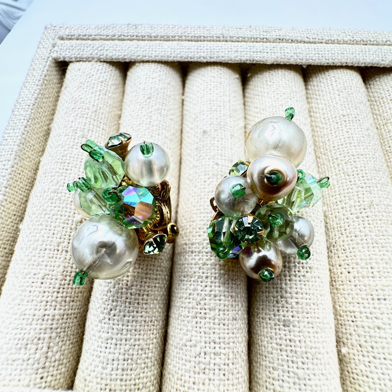 Vintage Demario Earrings Green Crystal Faux Pearl Gold tone Clips (1 of 2)