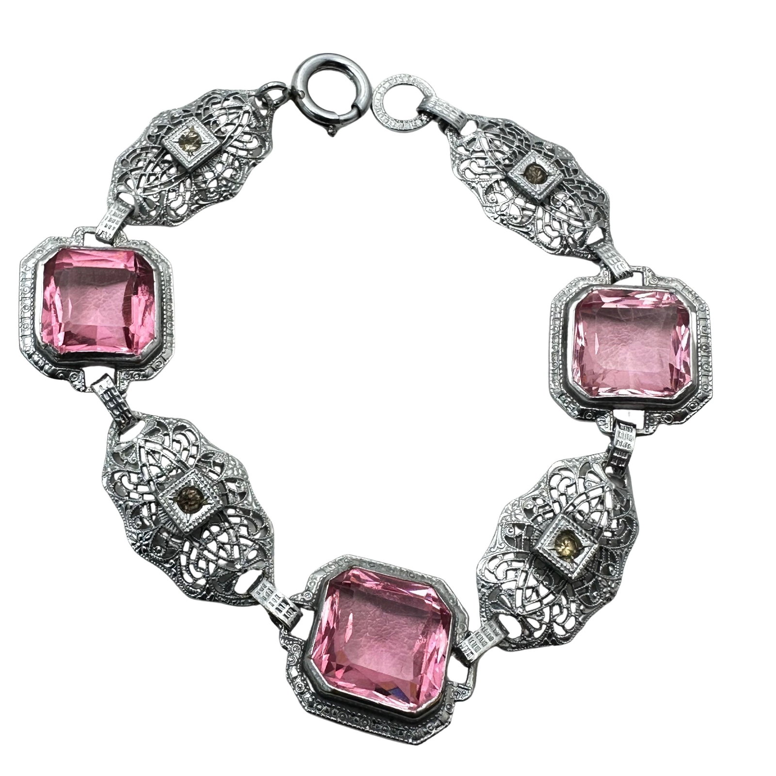 Antique Silver Plated Filigree Bracelet Pink Glass Stones 7 Inch (1 of 2)
