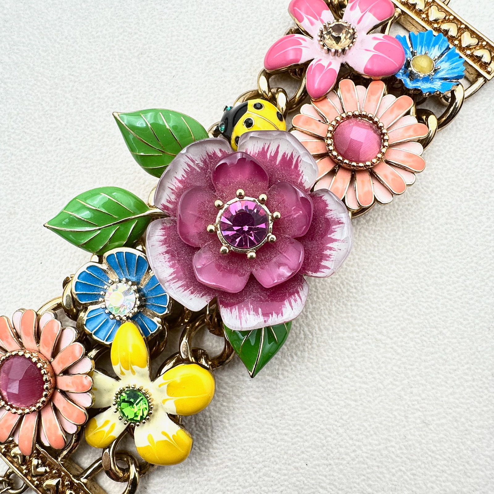 Vintage Betsy Johnson Bracelet Secret Garden with Lady Bug Flowers Gold Tone Enamel Flowers 8 Inch (1 of 3)