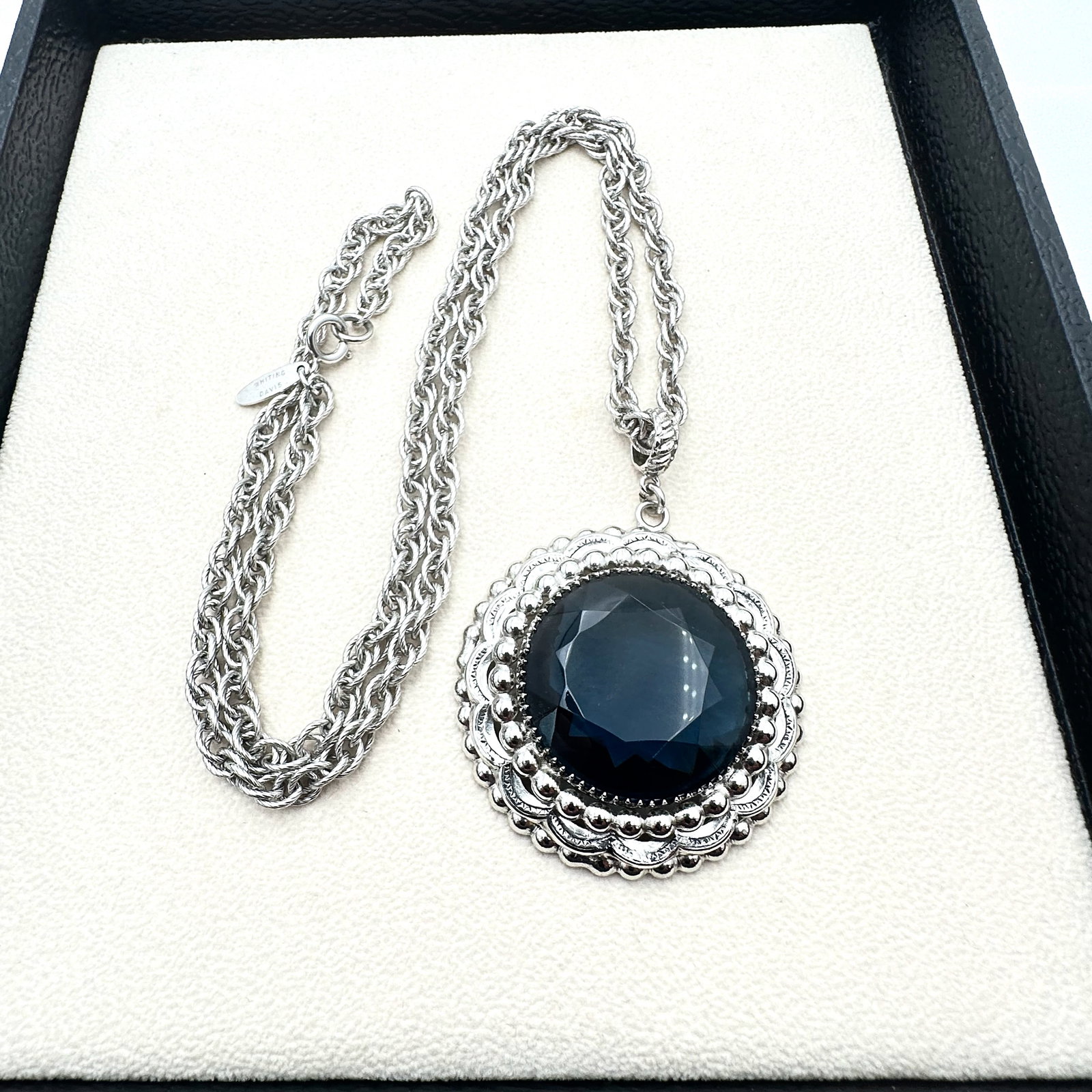 Vintage Whiting and Davis Pendant Necklace Blue Glass Stone Silver Tone 24 Inch Chain (1 of 2)
