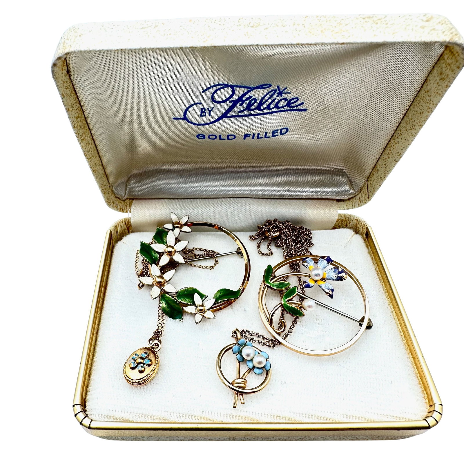 Vintage Jewelry Group Lot of Four Gold filled necklaces and Brooches Enamel Flowers Small Locket Box (1 of 2)