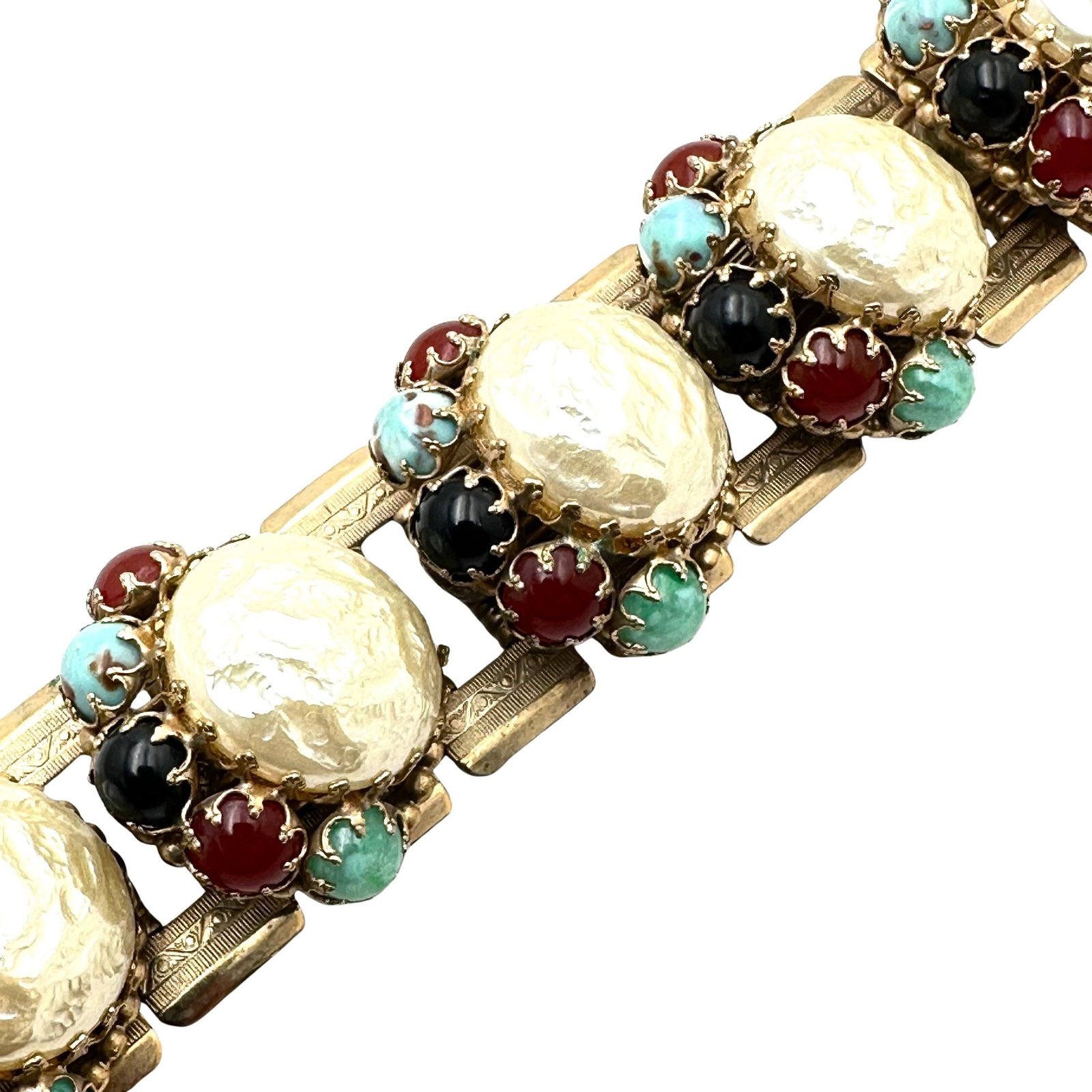 Vintage Baroque Pearl Glass Rhinestone Gold Tone Book Chain Bracelet 7 Inch (1 of 3)