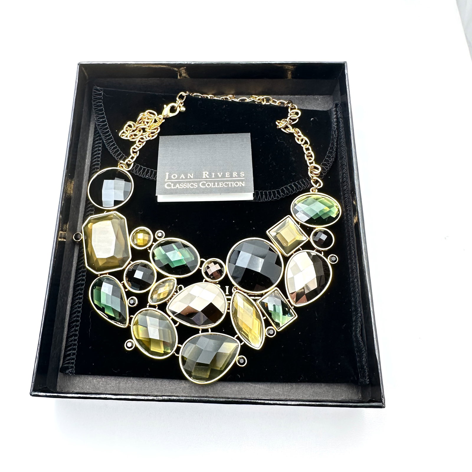 Vintage Joan Rivers Green Crystal Gold Tone Statement Necklace in Original Box (1 of 2)