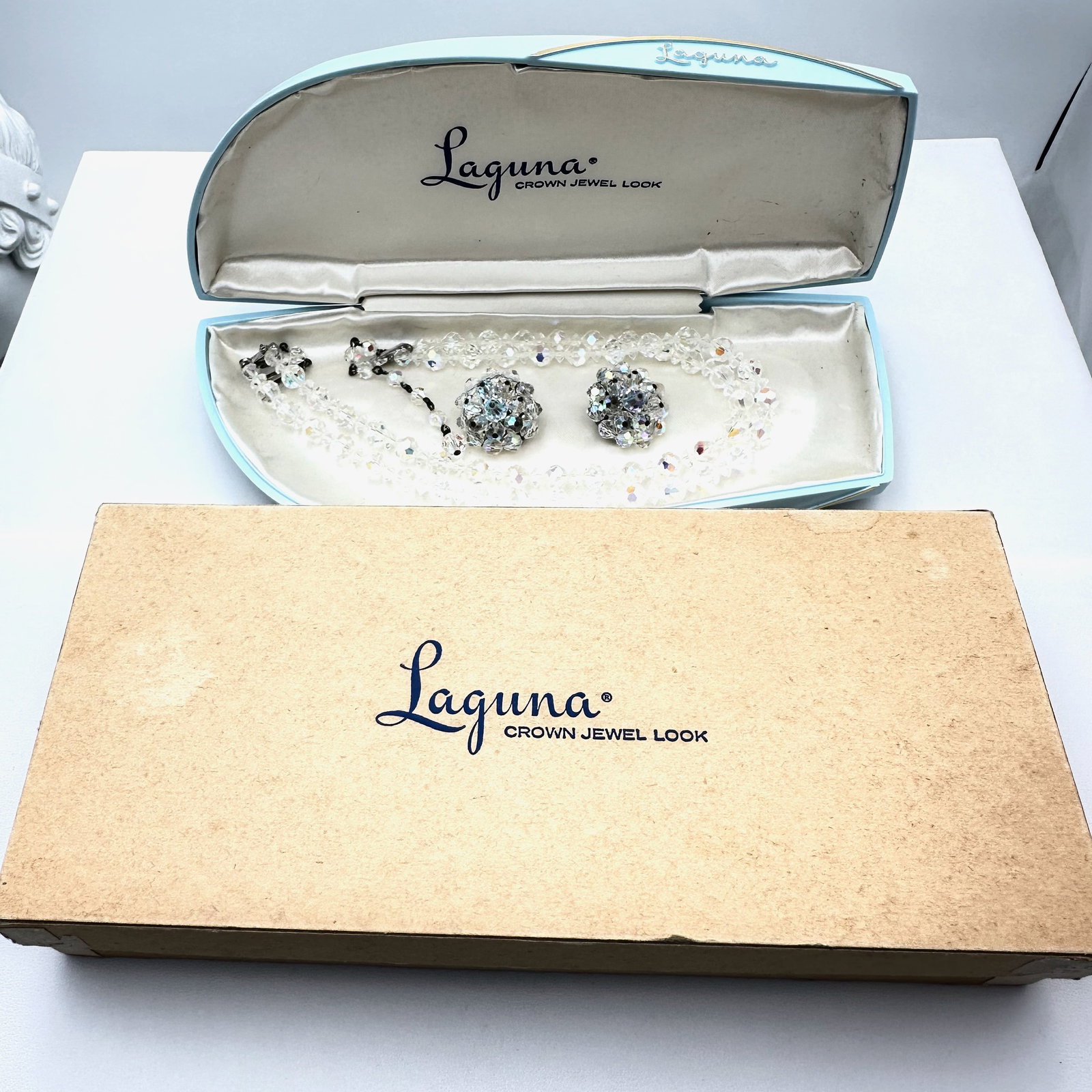 Vintage Laguna Aurora Borealis Crystal Necklace and Earrings in Original Celluloid Box and Outer (1 of 2)