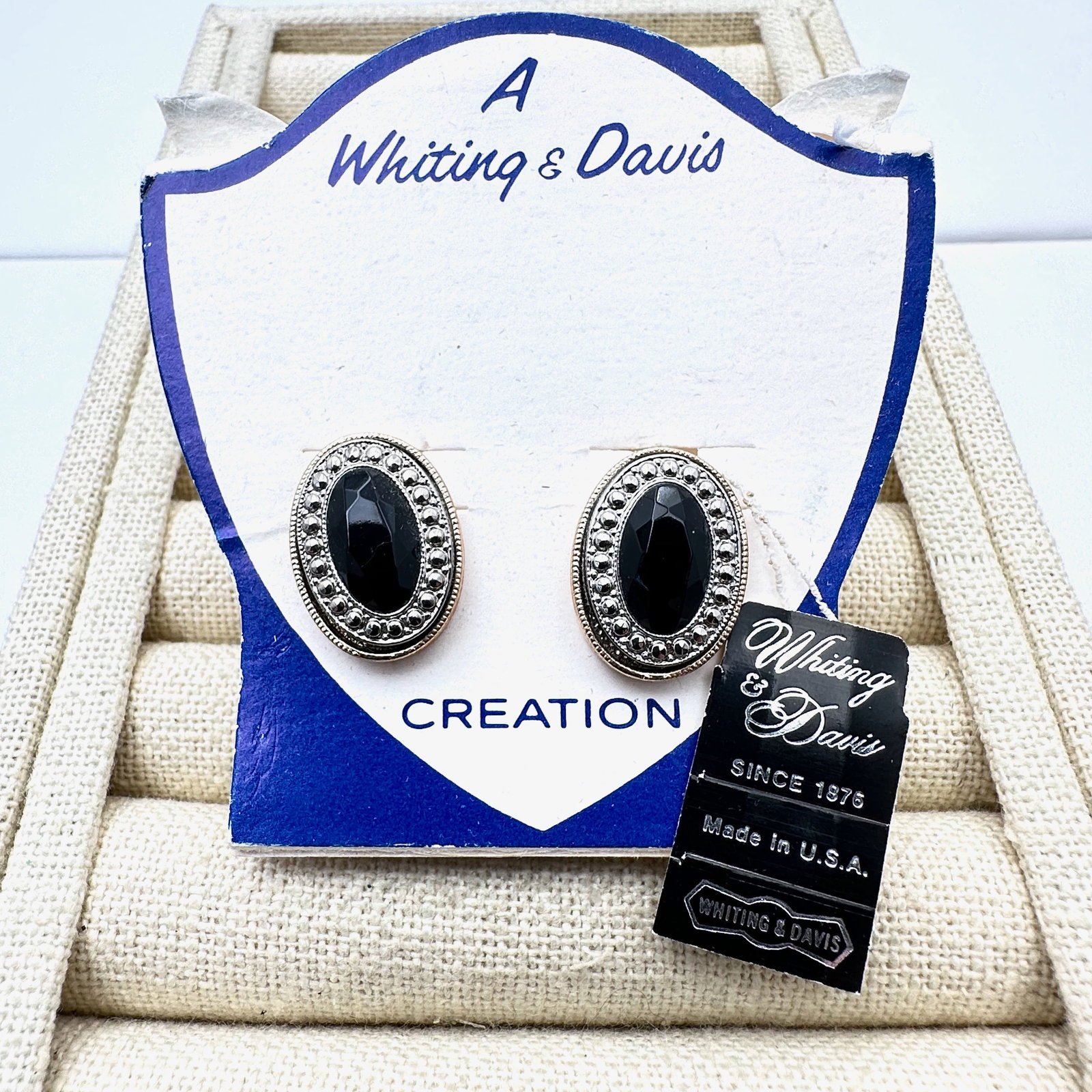 Vintage Whiting and Davis Black Crystal Clip Earrings On Original Card (1 of 2)