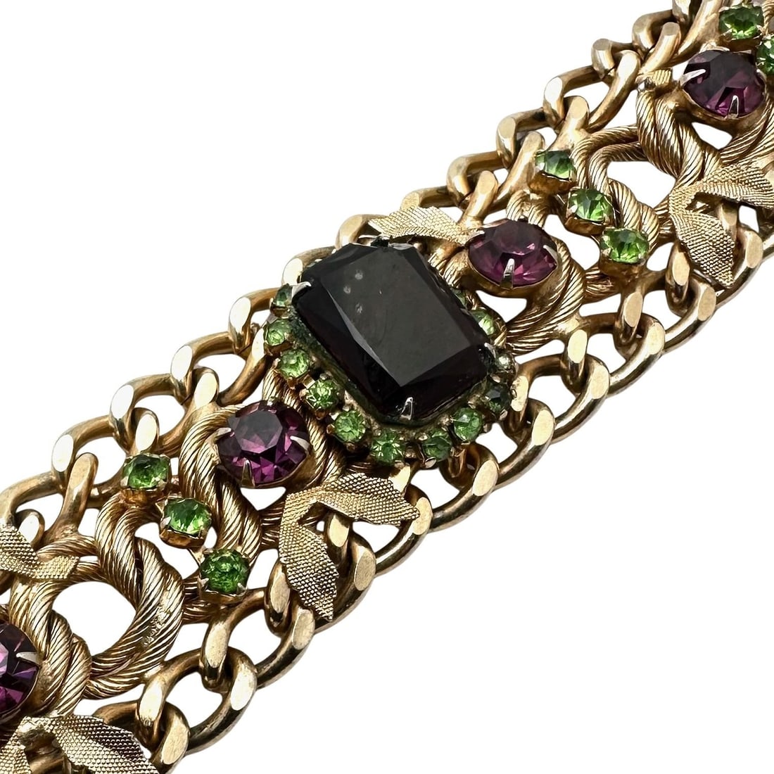 Vintage Purple and Green Glass Rhinestone Wide Gold Tone Chain Bracelet 7 Inch: Vintage Purple and Green Glass Rhinestone Wide Gold Tone Chain Bracelet 7 Inch